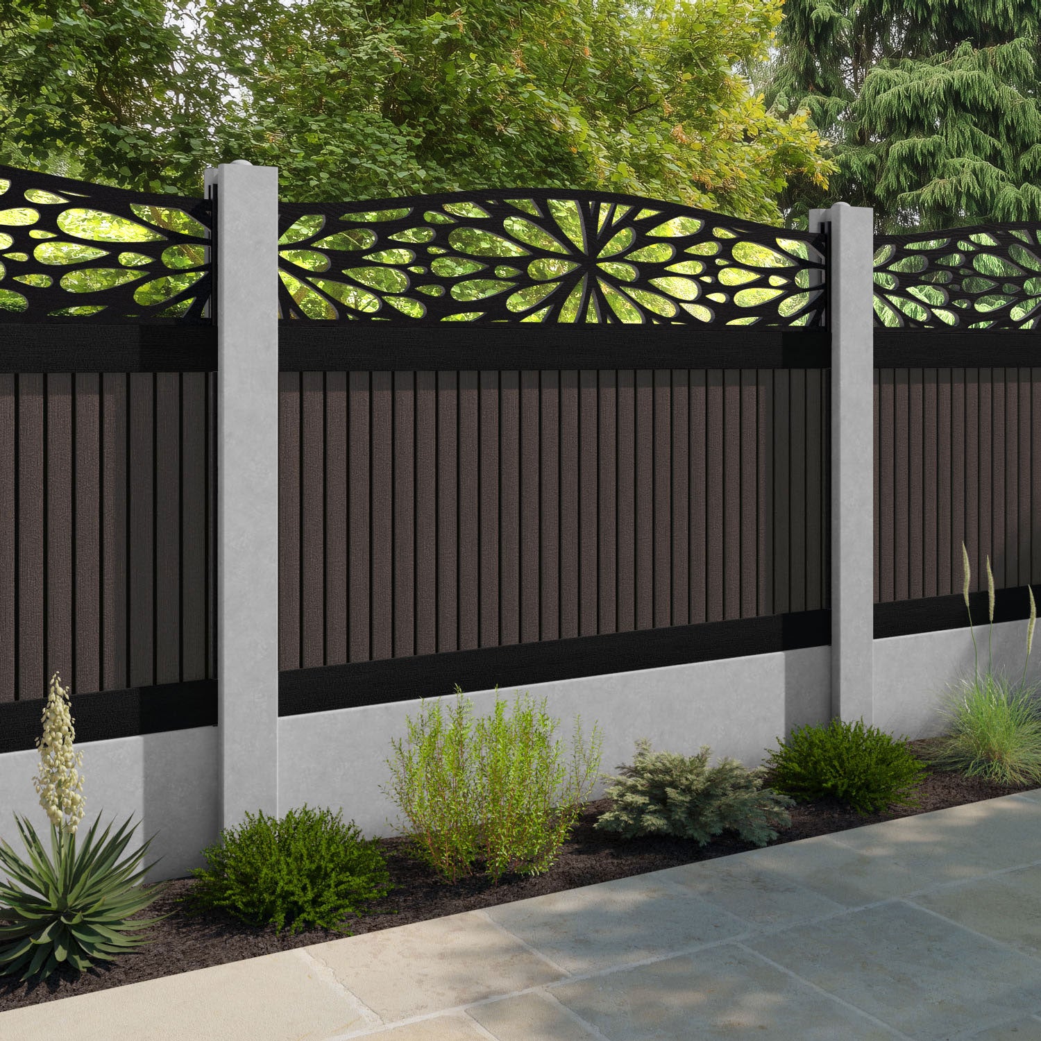 Virtis Blossom Curved Top Fence Panel - Mid Brown - for existing concrete posts