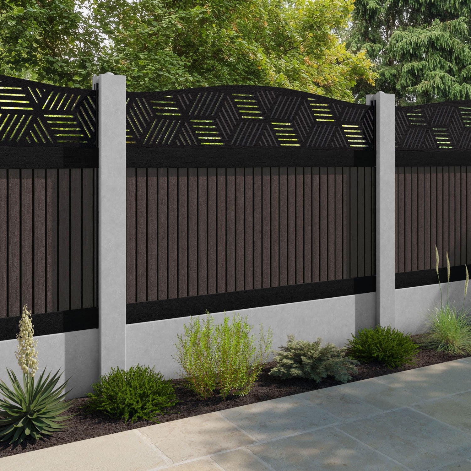 Virtis Cubed Curved Top Fence Panel - Mid Brown - for existing concrete posts