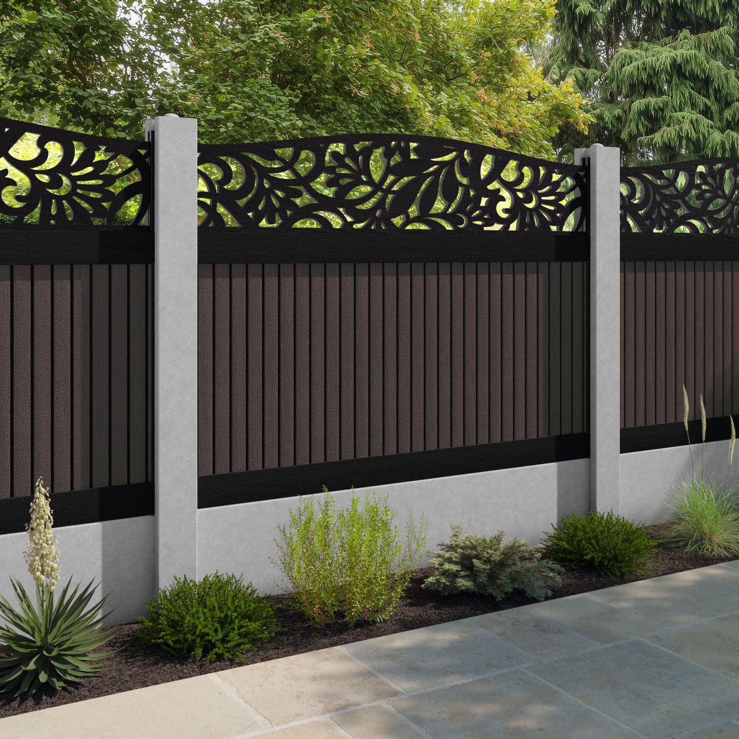 Virtis Heritage Curved Top Fence Panel - Mid Brown - for existing concrete posts