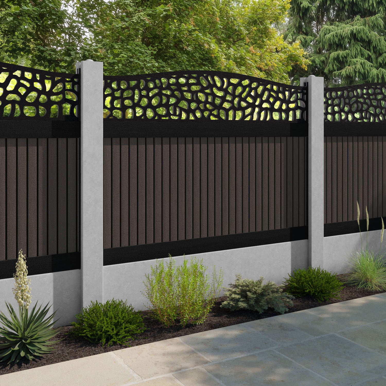 Virtis Pebble Curved Top Fence Panel - Mid Brown - for existing concrete posts