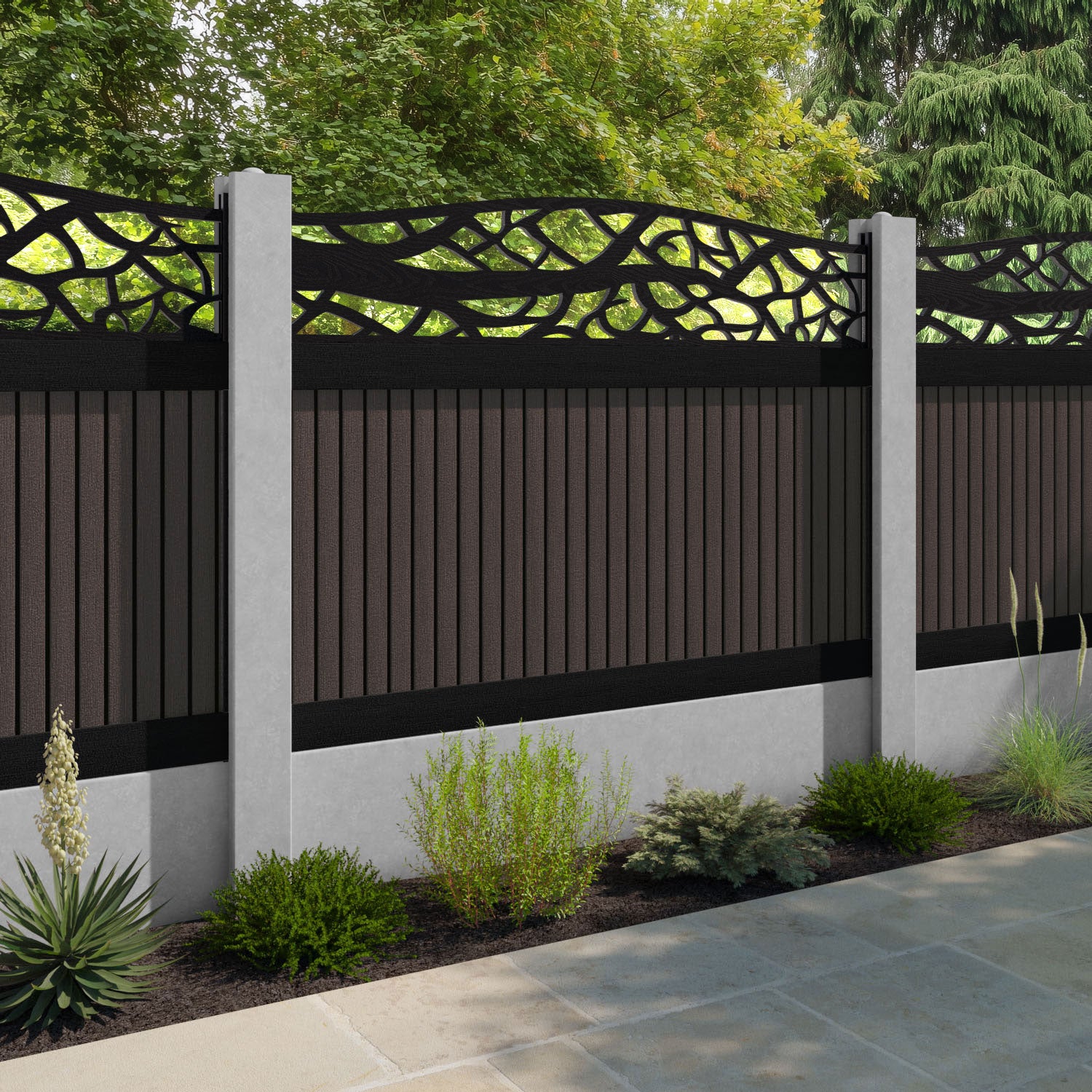 Virtis Twilight Curved Top Fence Panel - Mid Brown - for existing concrete posts