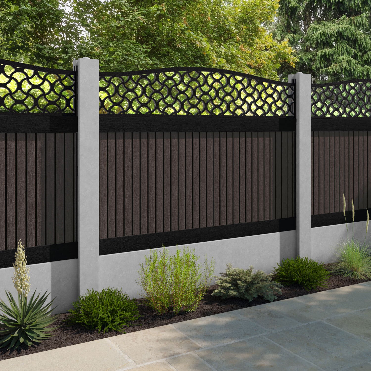 Virtis Vida Curved Top Fence Panel - Mid Brown - for existing concrete posts