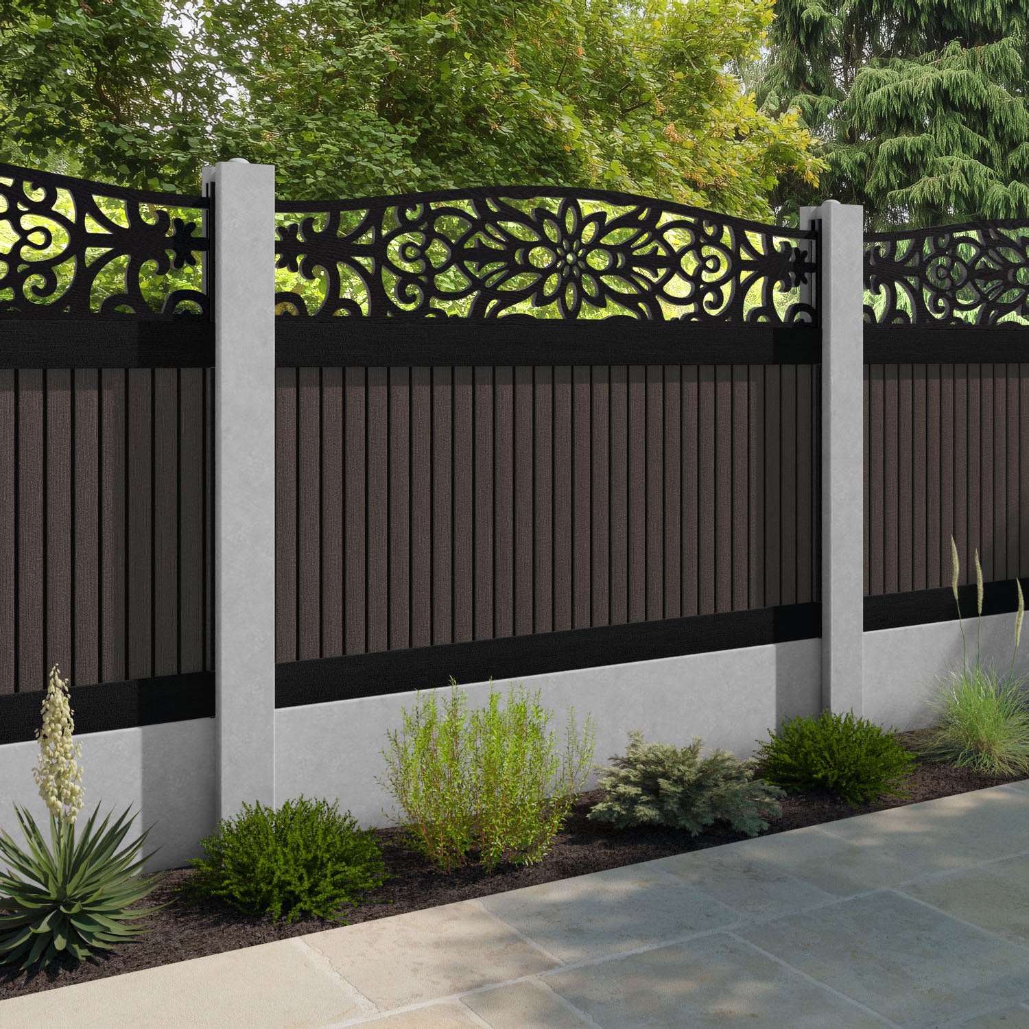 Virtis Windsor Curved Top Fence Panel - Mid Brown - for existing concrete posts