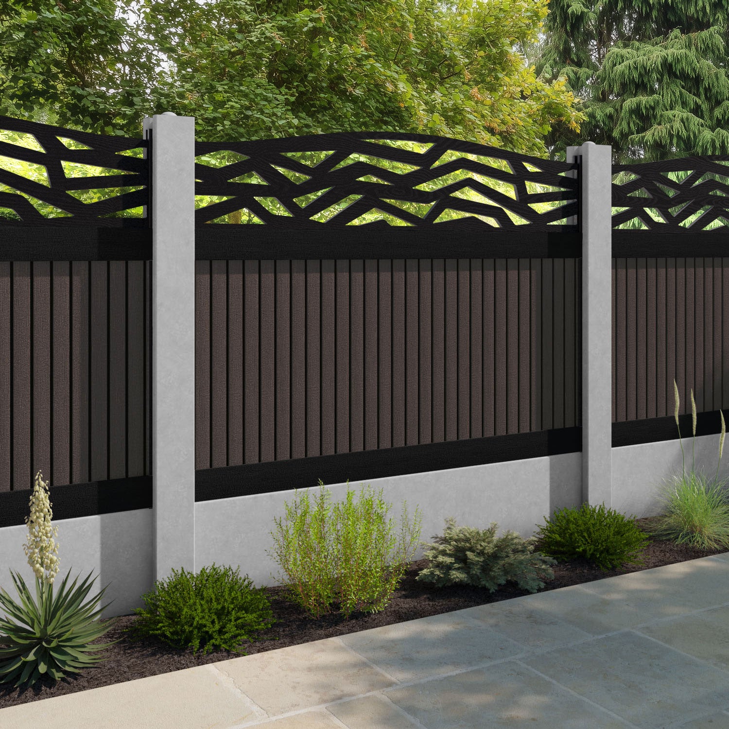 Virtis Zenith Curved Top Fence Panel - Mid Brown - for existing concrete posts