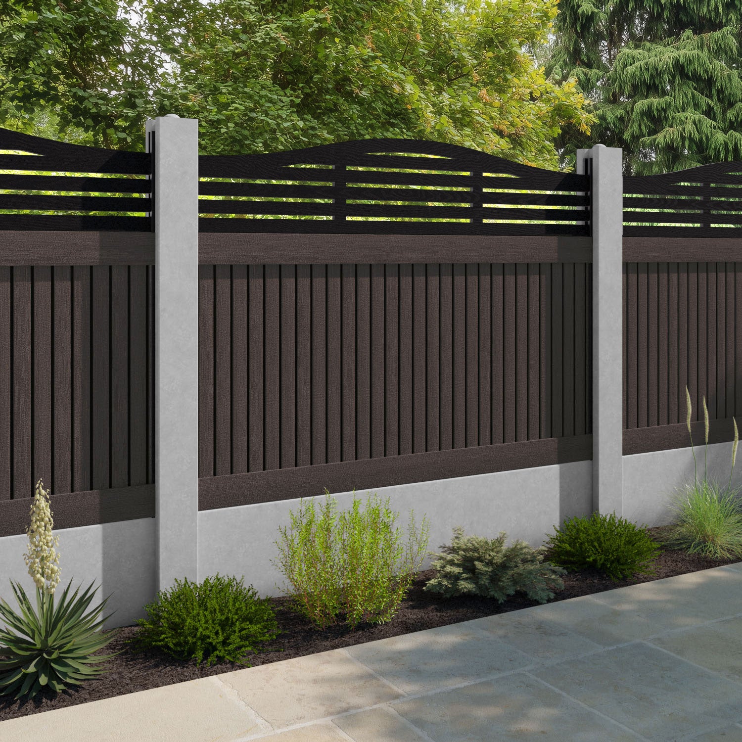 Virtis Aspen Curved Top Fence Panel - Mid Brown - for existing concrete posts