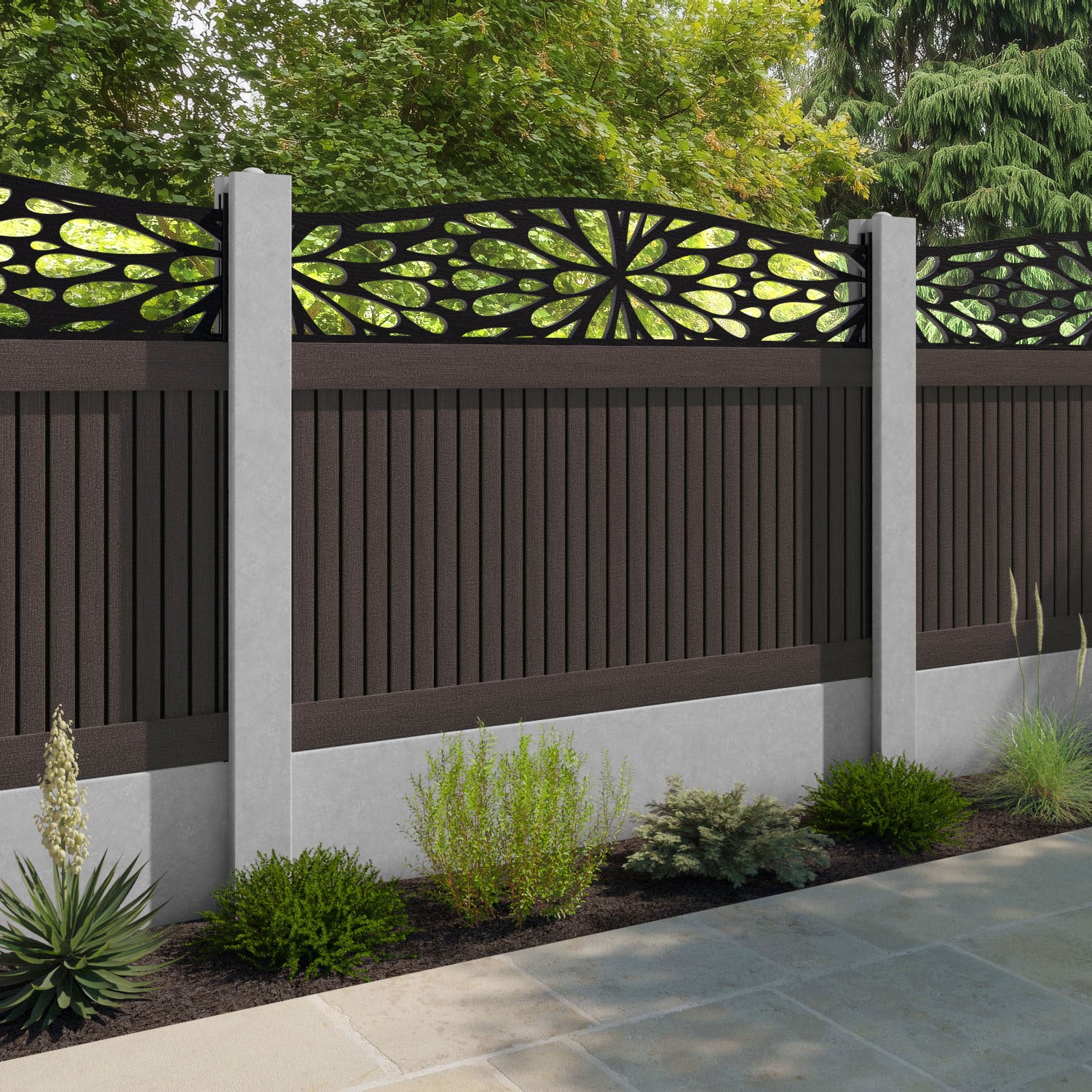 Virtis Blossom Curved Top Fence Panel - Mid Brown - for existing concrete posts