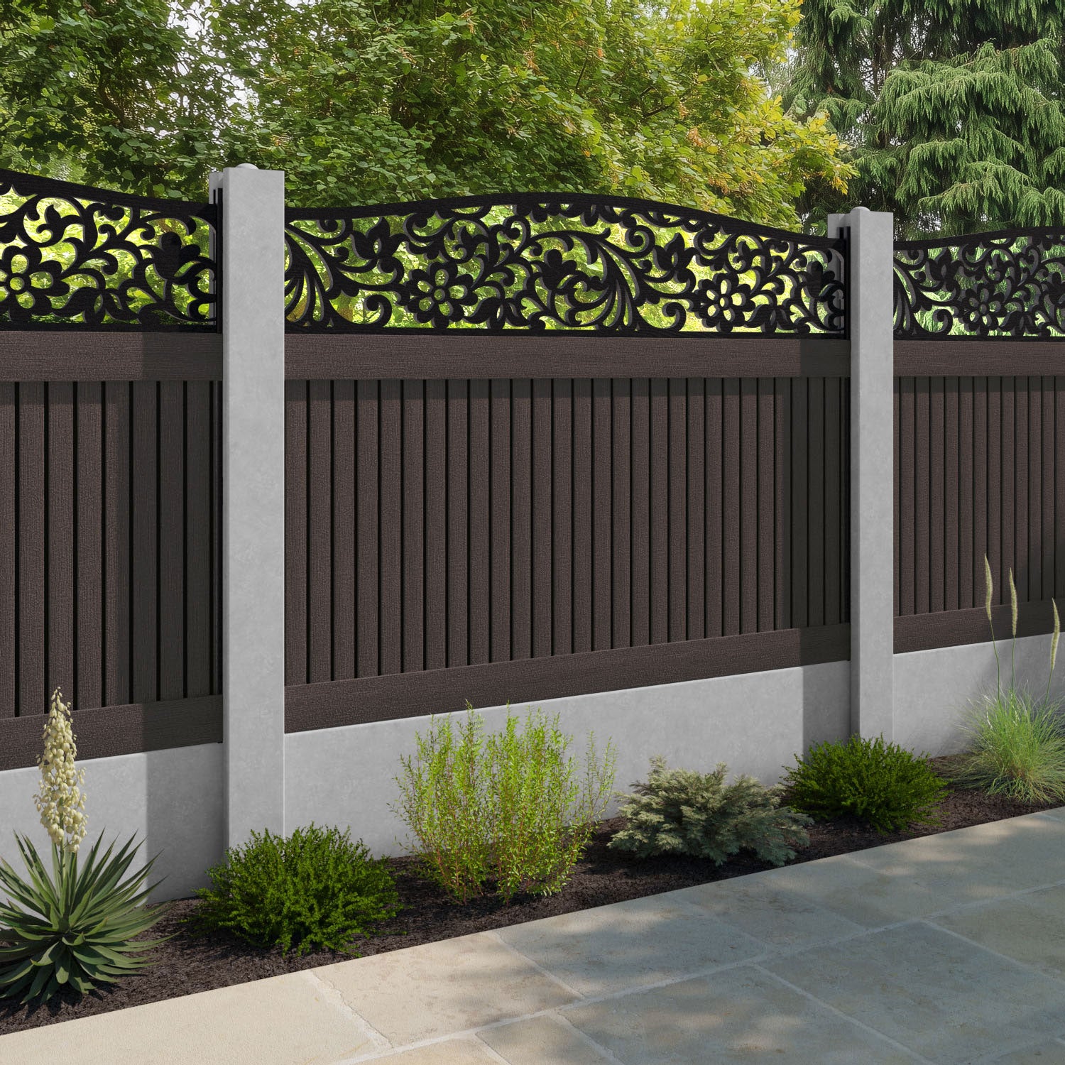 Virtis Eden Curved Top Fence Panel - Mid Brown - for existing concrete posts