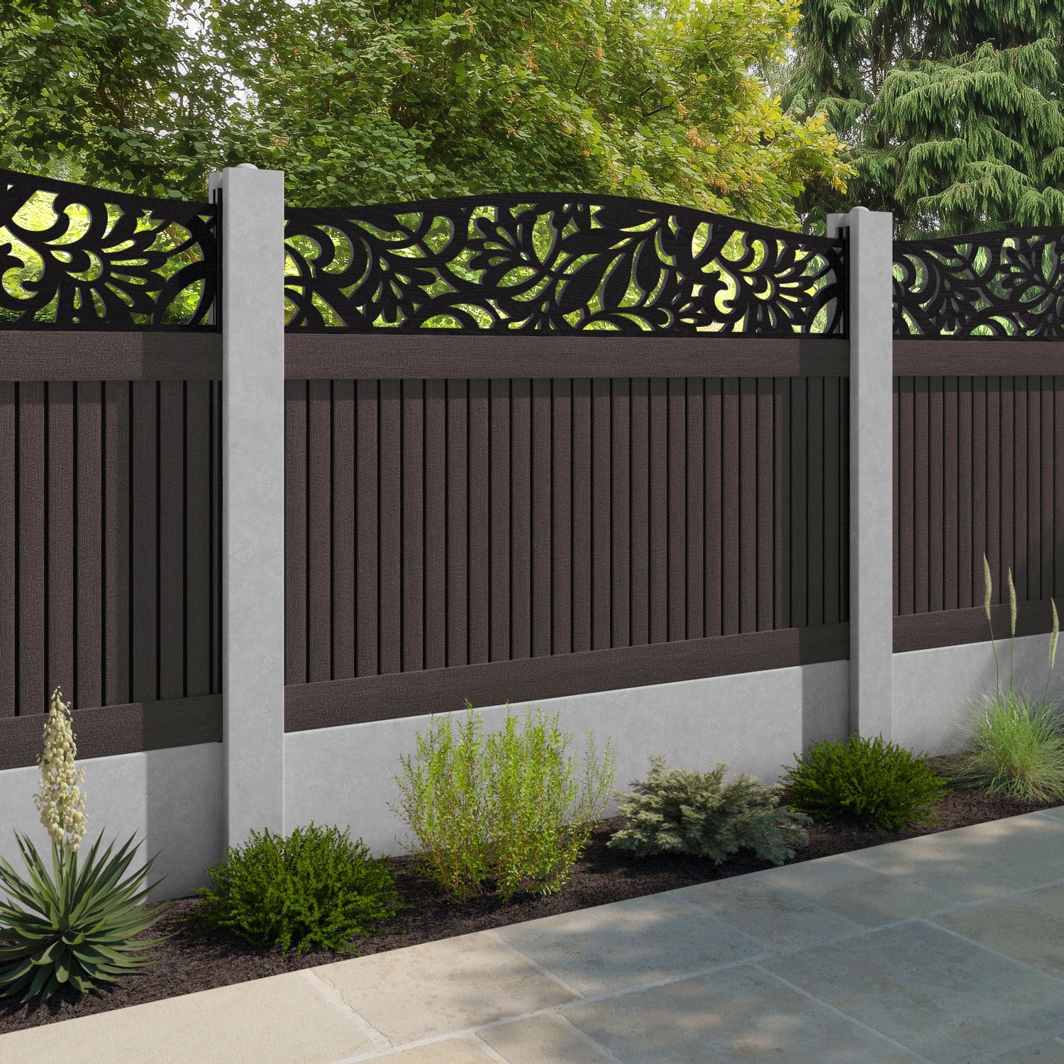 Virtis Heritage Curved Top Fence Panel - Mid Brown - for existing concrete posts