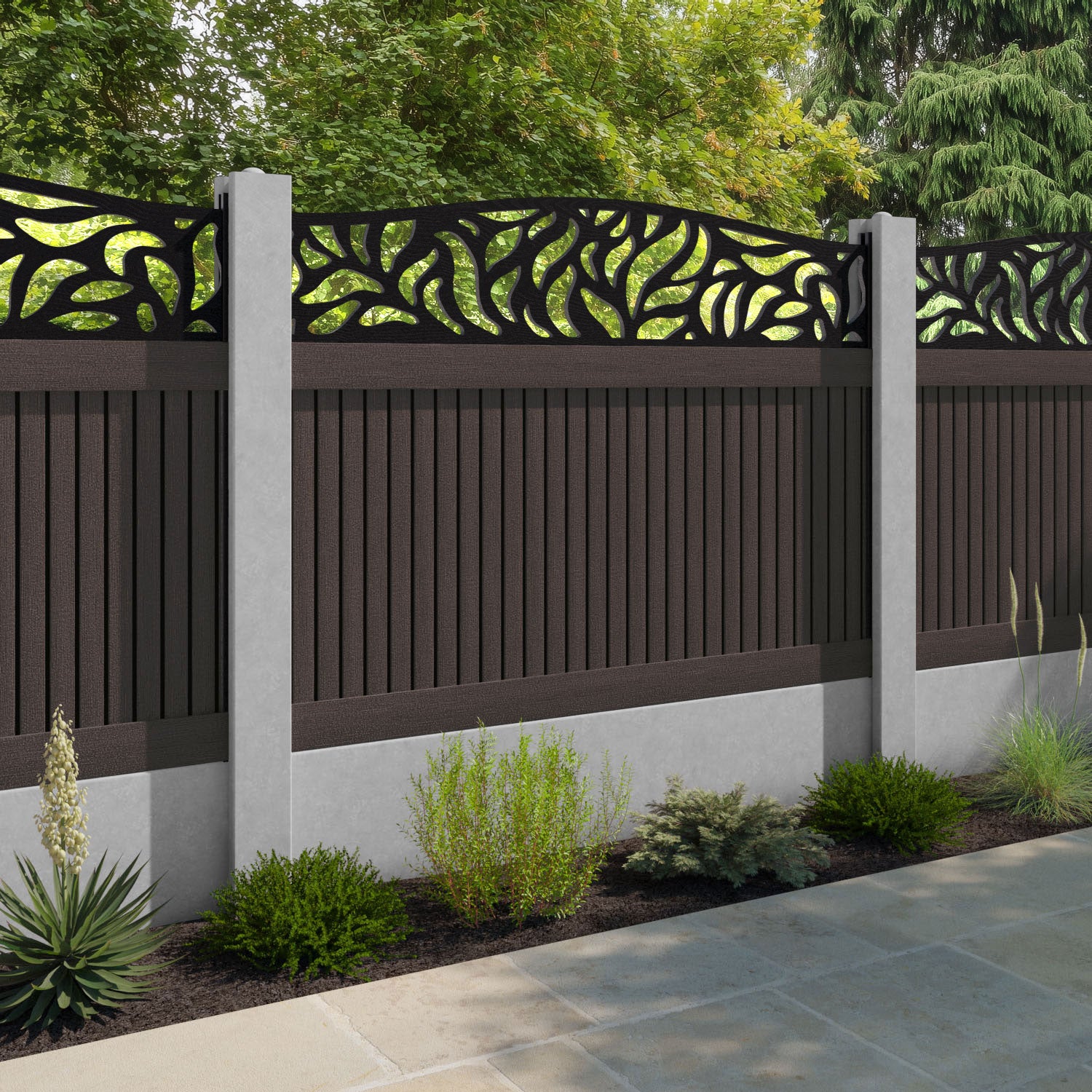Virtis Plume Curved Top Fence Panel - Mid Brown - for existing concrete posts