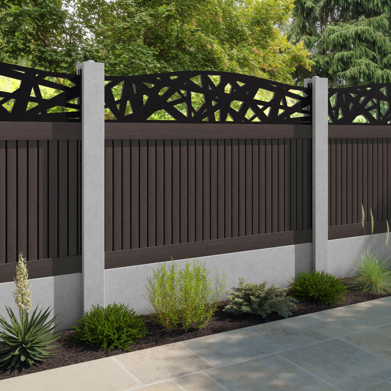 Virtis Prism Curved Top Fence Panel - Mid Brown - for existing concrete posts
