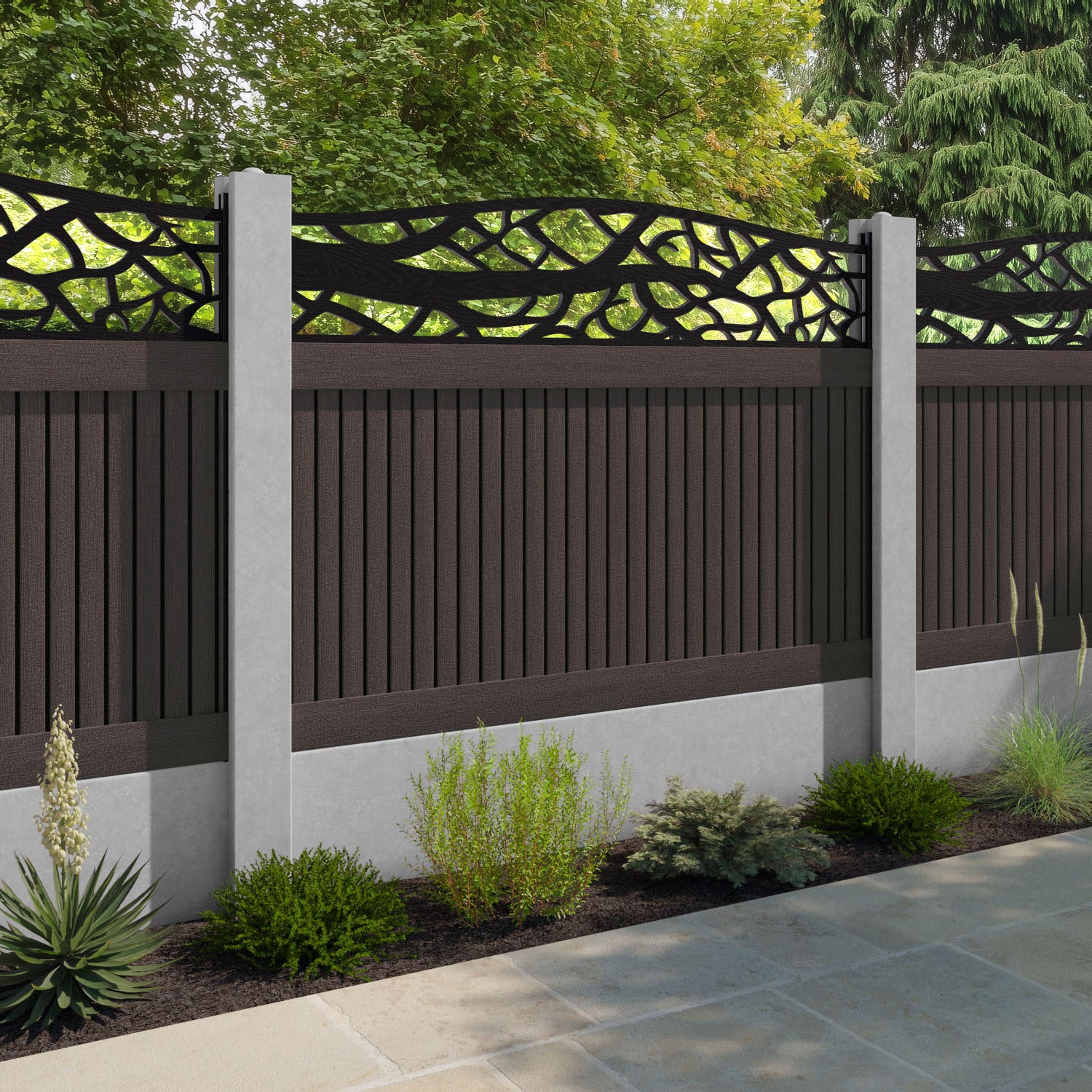Virtis Twilight Curved Top Fence Panel - Mid Brown - for existing concrete posts