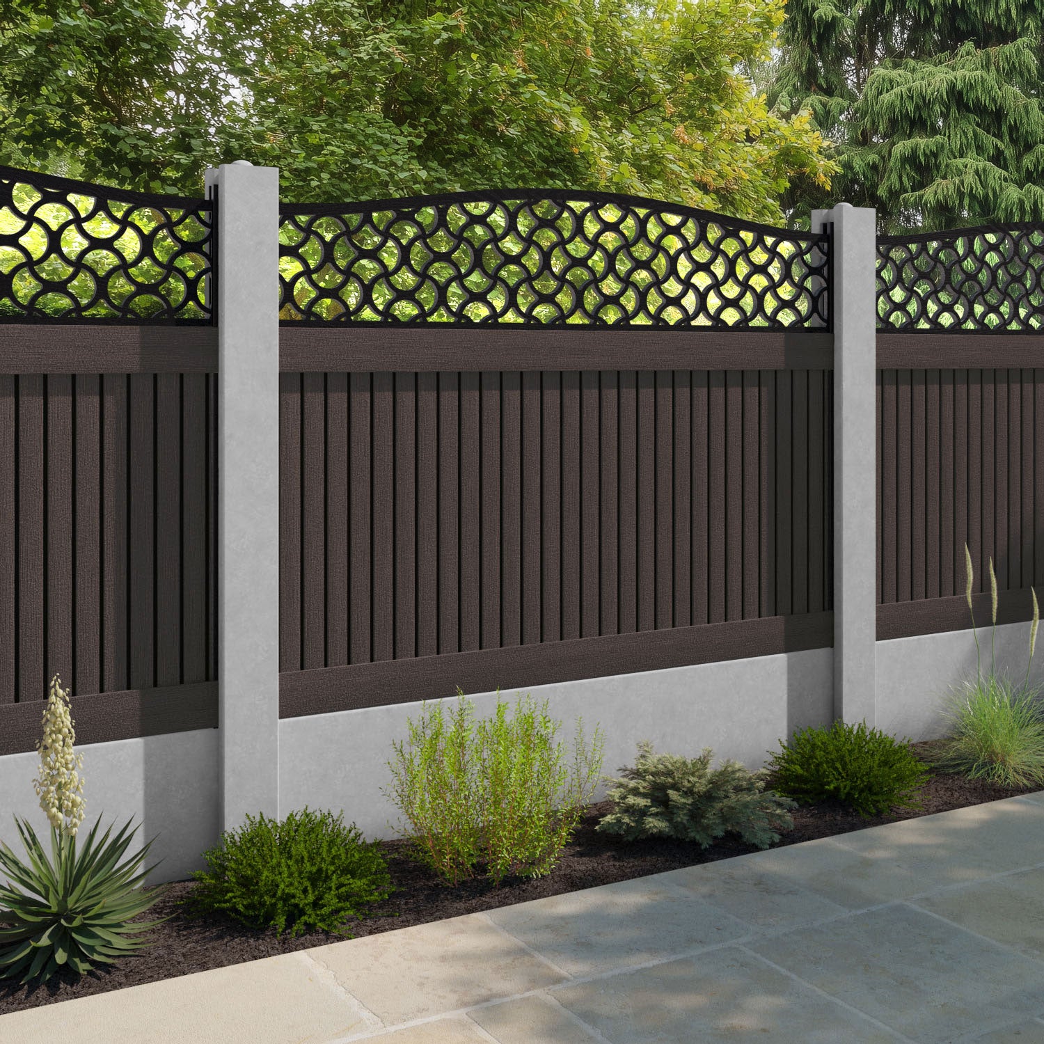 Virtis Vida Curved Top Fence Panel - Mid Brown - for existing concrete posts