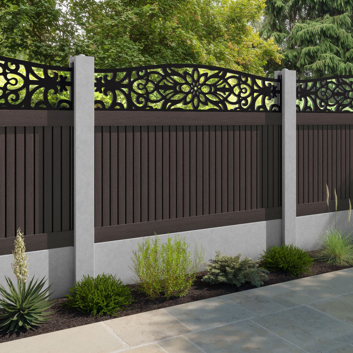 Virtis Windsor Curved Top Fence Panel - Mid Brown - for existing concrete posts