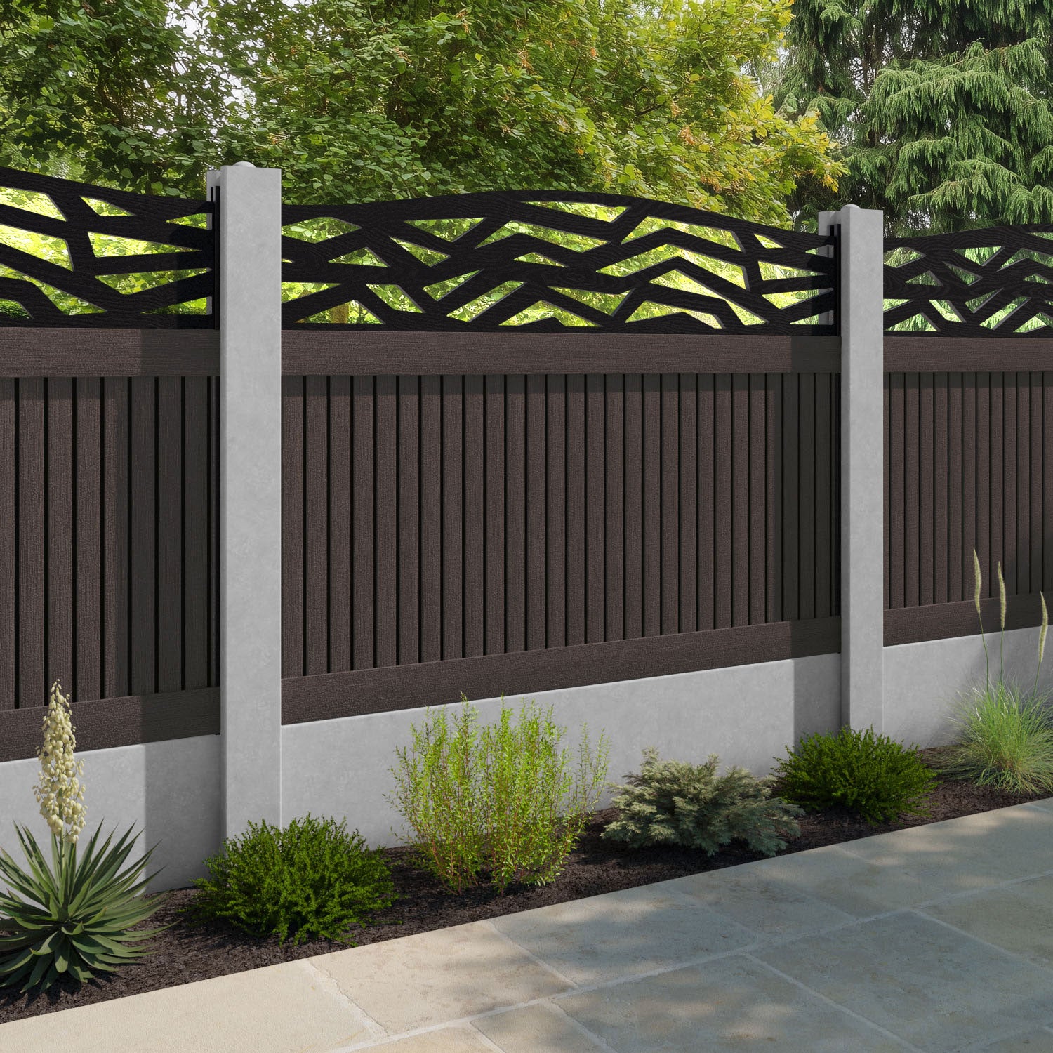 Virtis Zenith Curved Top Fence Panel - Mid Brown - for existing concrete posts