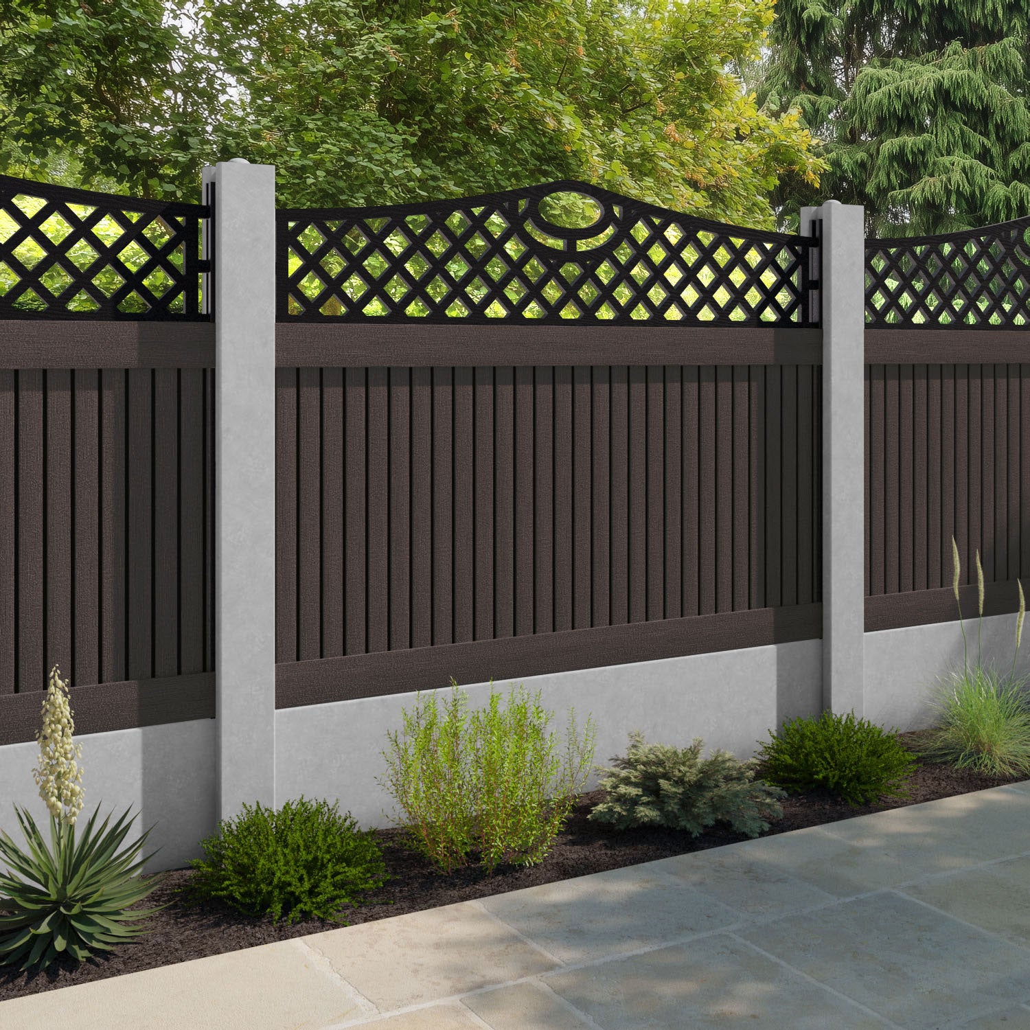 Virtis Oxford Curved Top Fence Panel - Mid Brown - for existing concrete posts