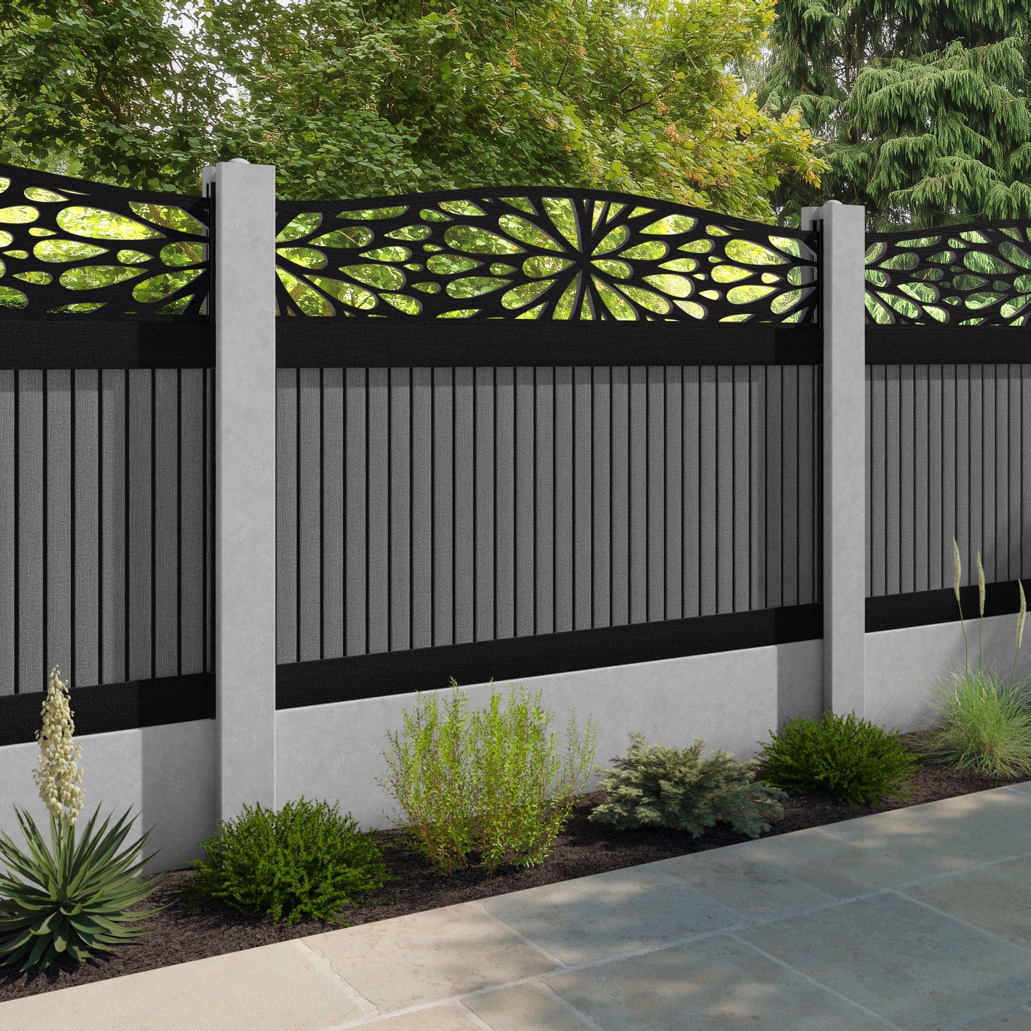 Virtis Blossom Curved Top Fence Panel - Mid Grey - for existing concrete posts