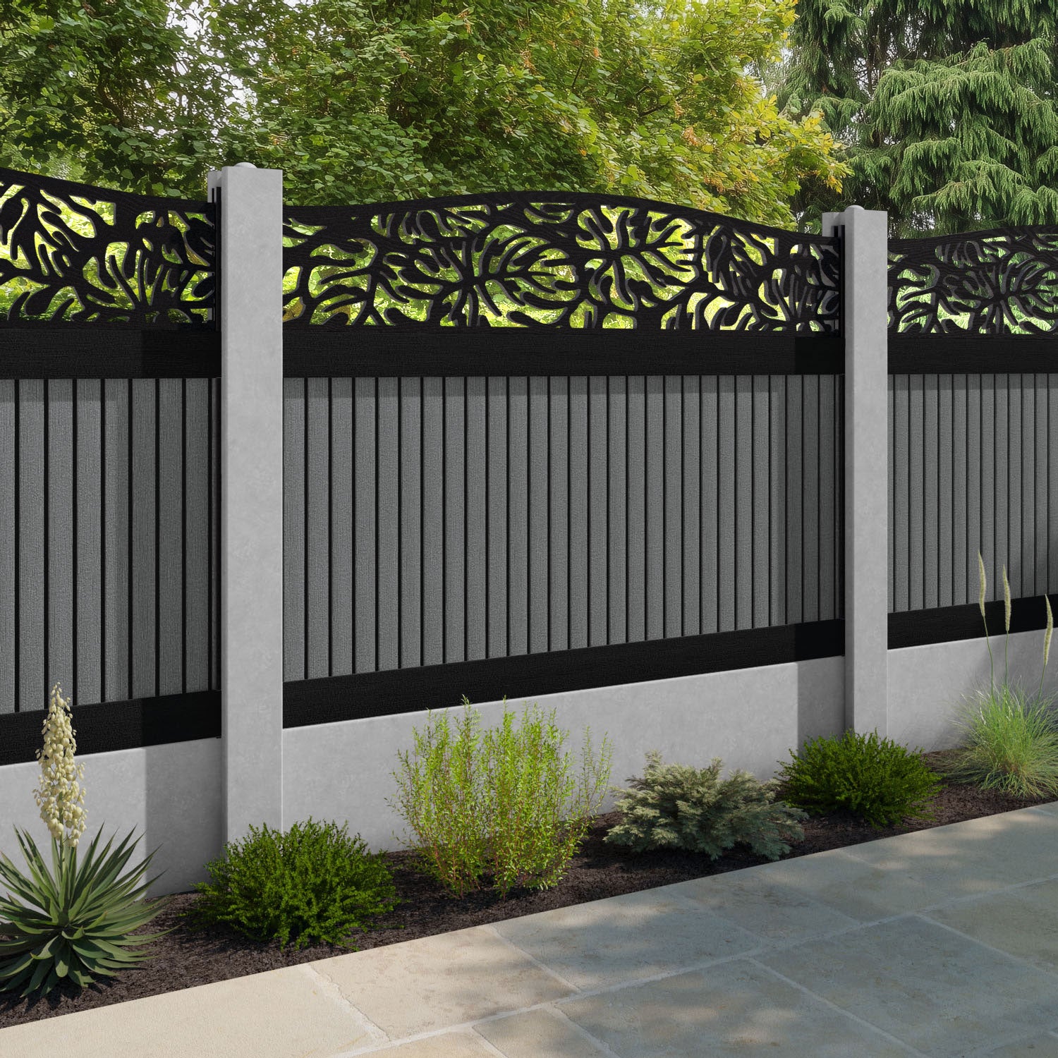 Virtis Botanic Curved Top Fence Panel - Mid Grey - for existing concrete posts