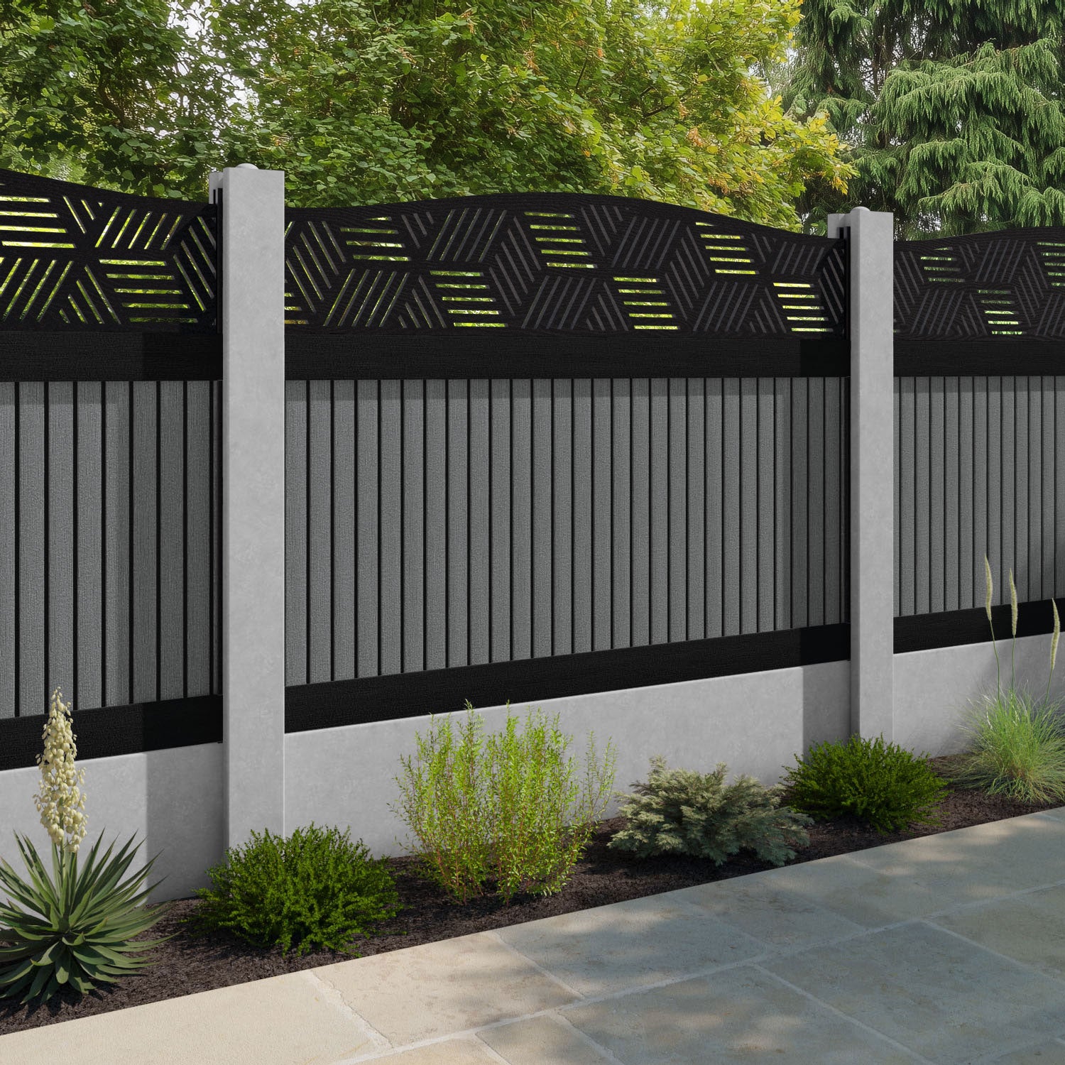 Virtis Cubed Curved Top Fence Panel - Mid Grey - for existing concrete posts