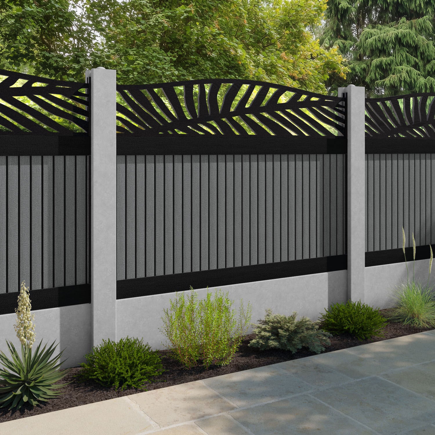 Virtis Palm Curved Top Fence Panel - Mid Grey - for existing concrete posts