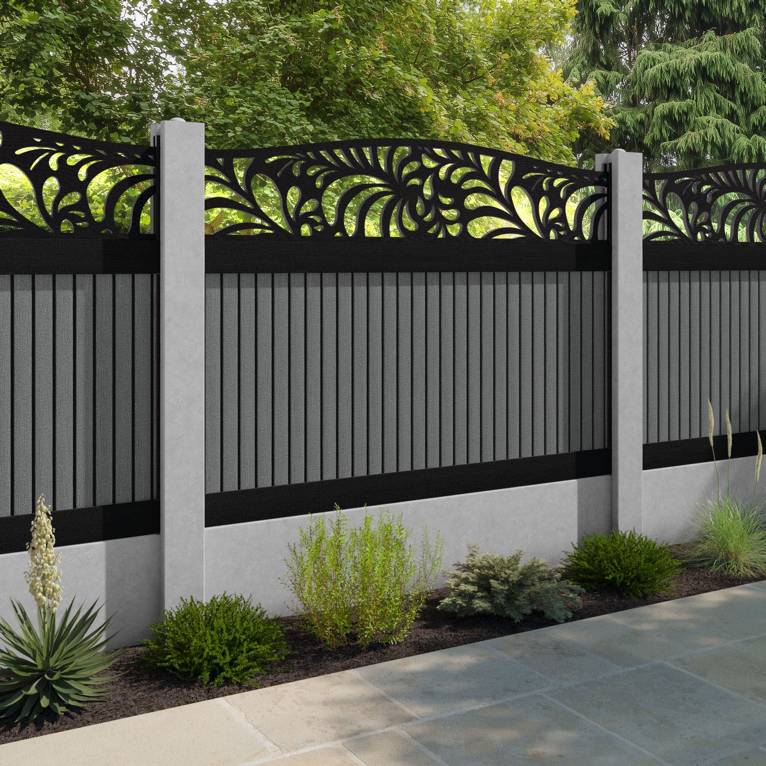 Virtis Petal Curved Top Fence Panel - Mid Grey - for existing concrete posts