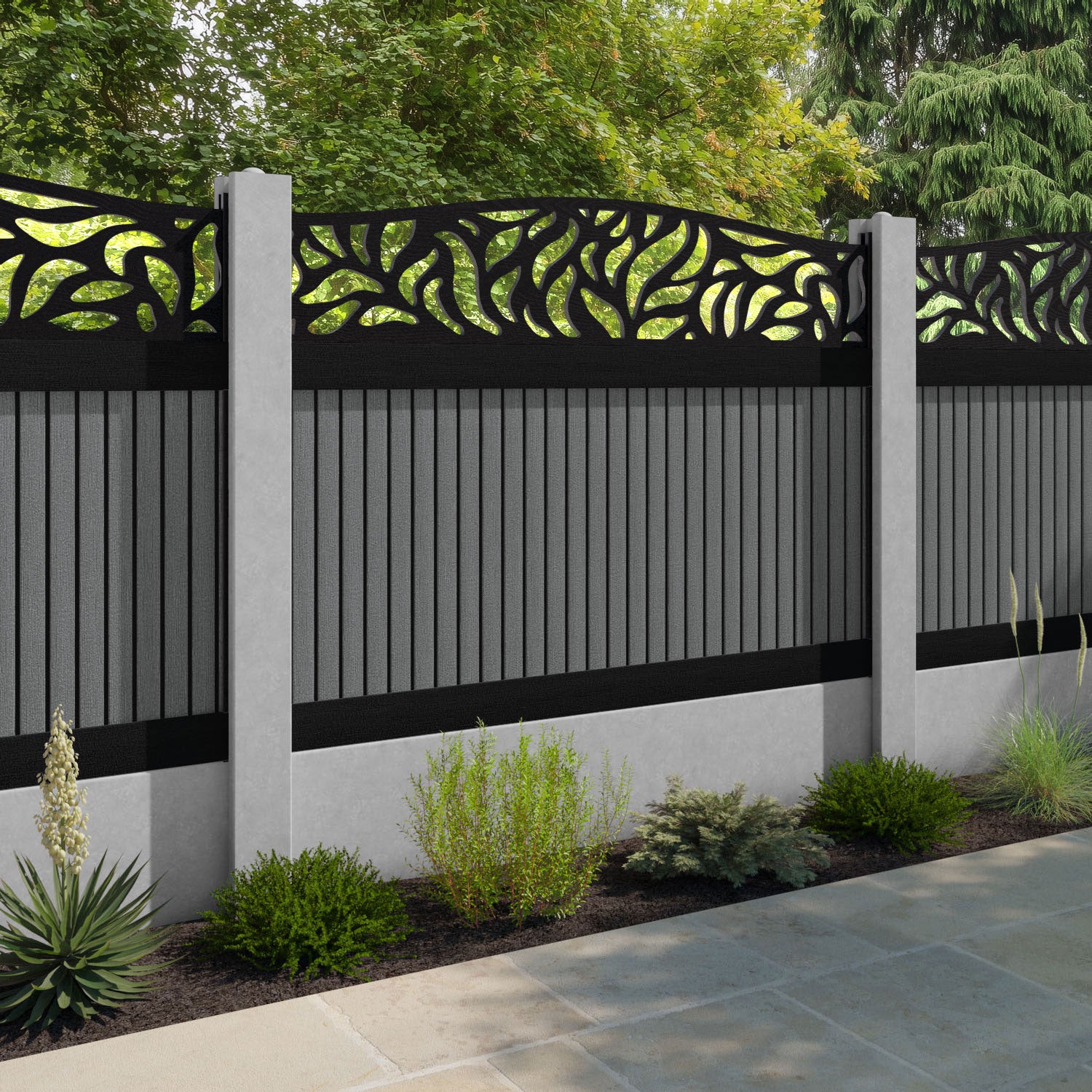 Virtis Plume Curved Top Fence Panel - Mid Grey - for existing concrete posts