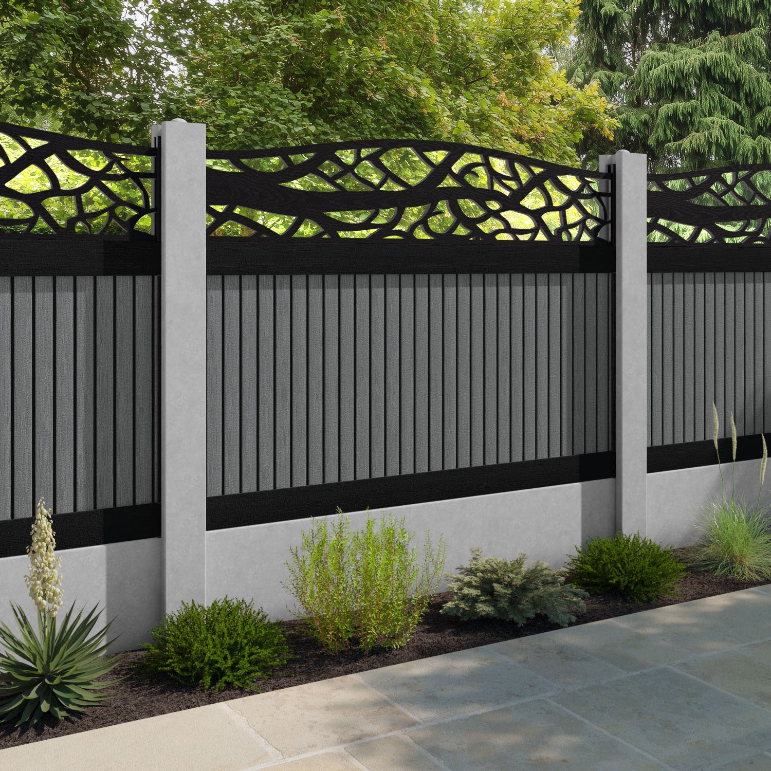 Virtis Twilight Curved Top Fence Panel - Mid Grey - for existing concrete posts