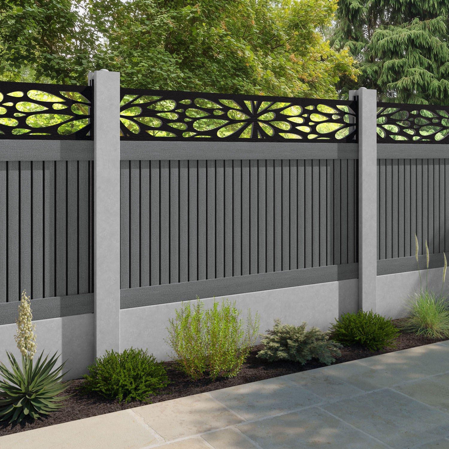Virtis Blossom Fence Panel - Mid Grey - for existing concrete posts