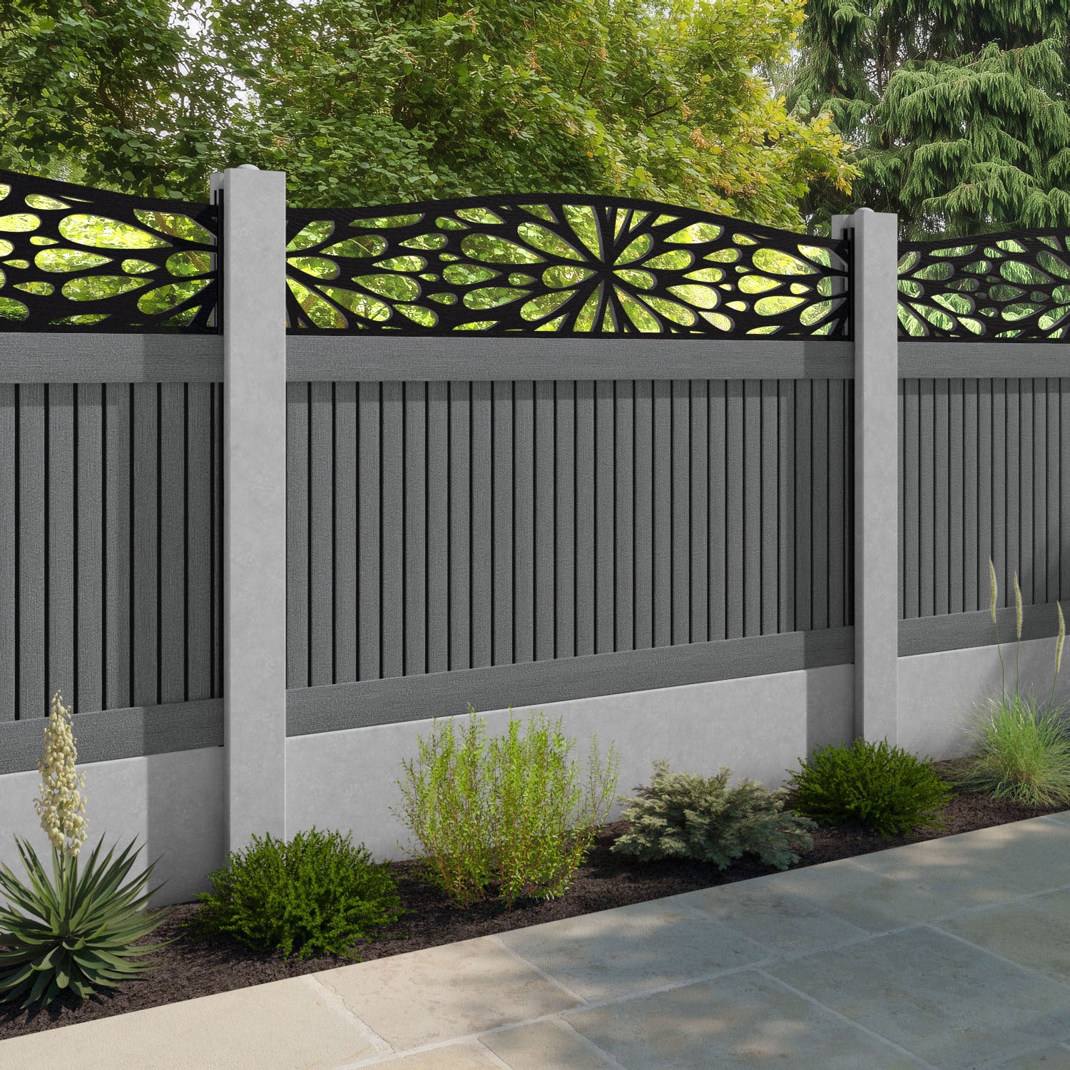 Virtis Blossom Curved Top Fence Panel - Mid Grey - for existing concrete posts