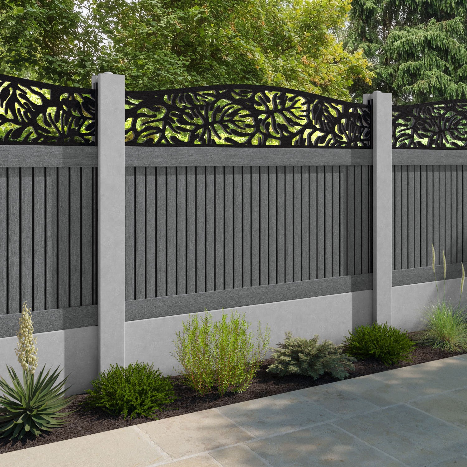 Virtis Botanic Curved Top Fence Panel - Mid Grey - for existing concrete posts