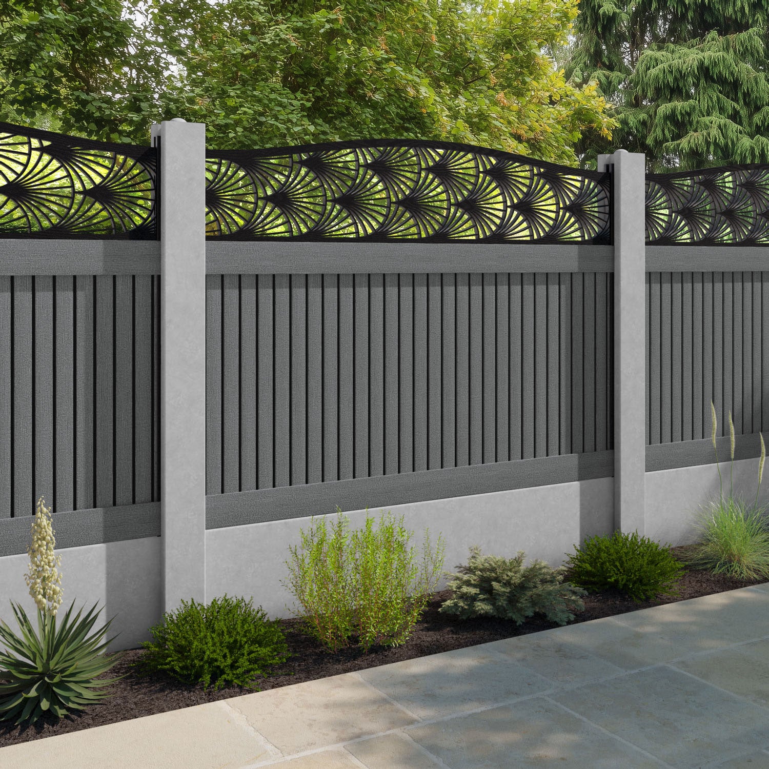 Virtis Laurel Curved Top Fence Panel - Mid Grey - for existing concrete posts