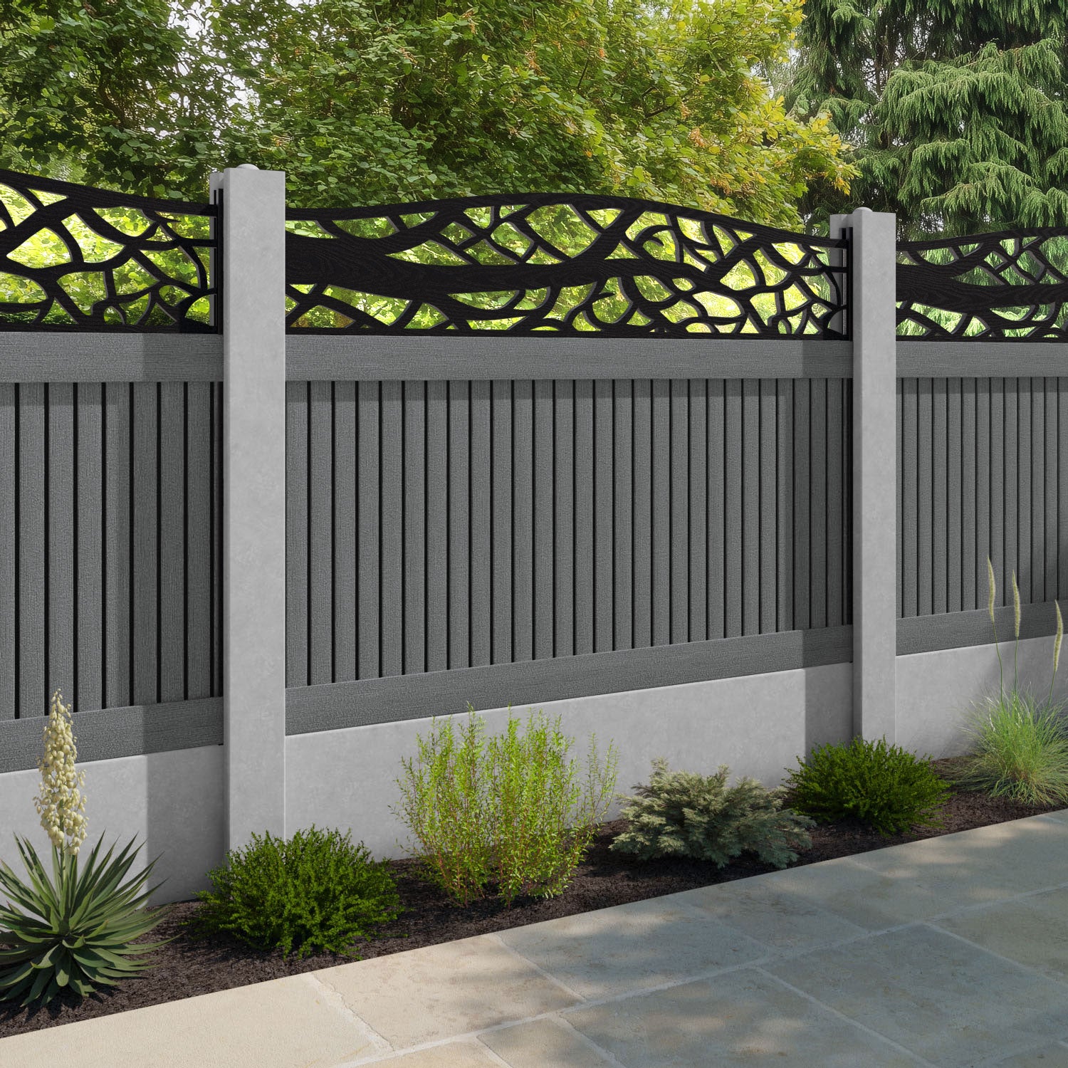 Virtis Twilight Curved Top Fence Panel - Mid Grey - for existing concrete posts