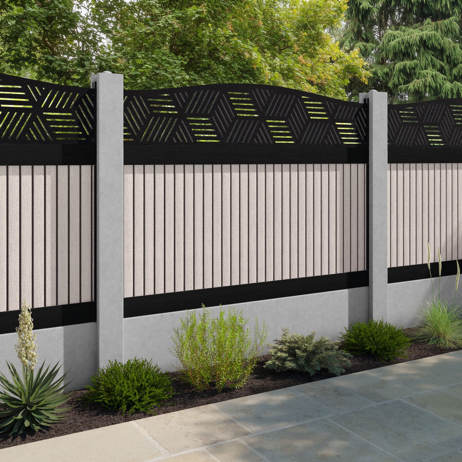Virtis Cubed Curved Top Fence Panel - Mid Stone - for existing concrete posts