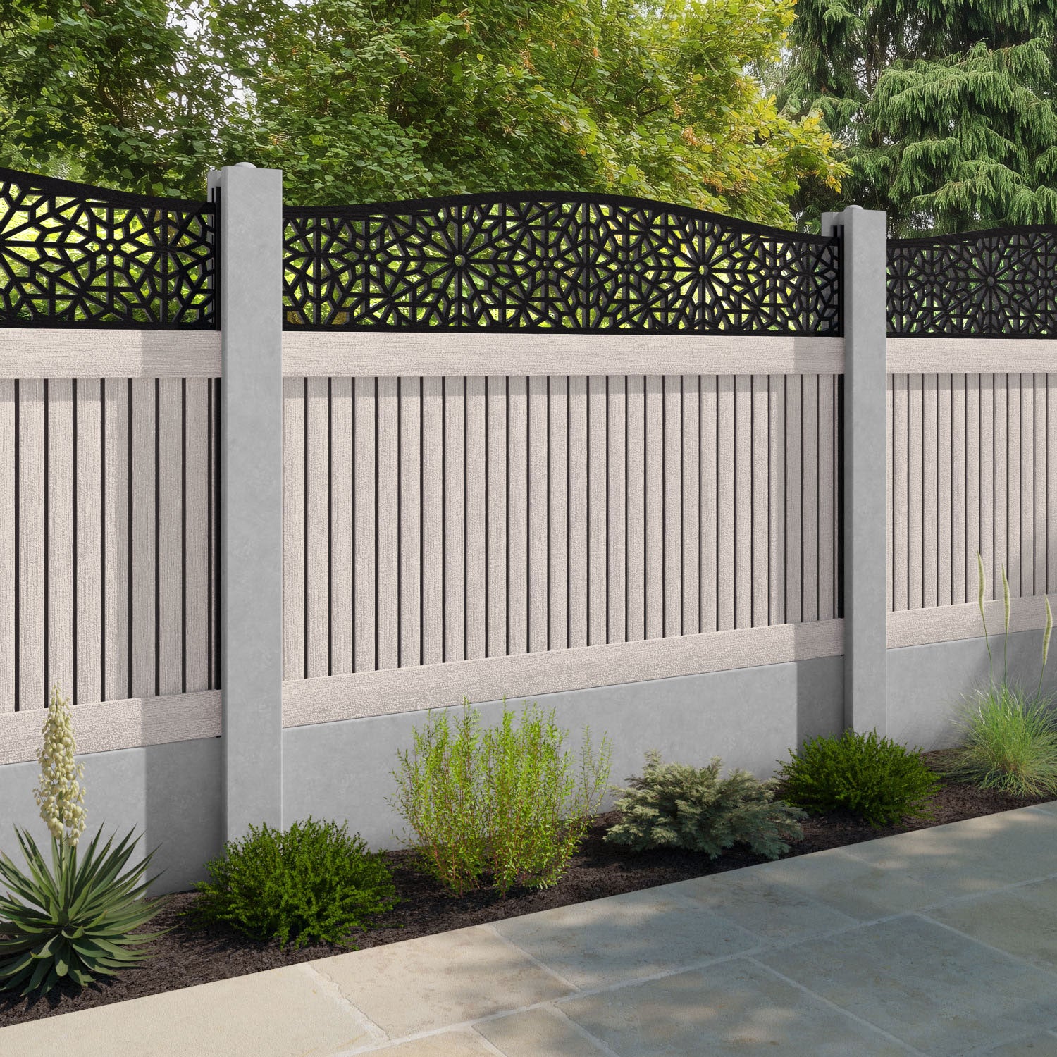 Virtis Alnara Curved Top Fence Panel - Mid Stone - for existing concrete posts