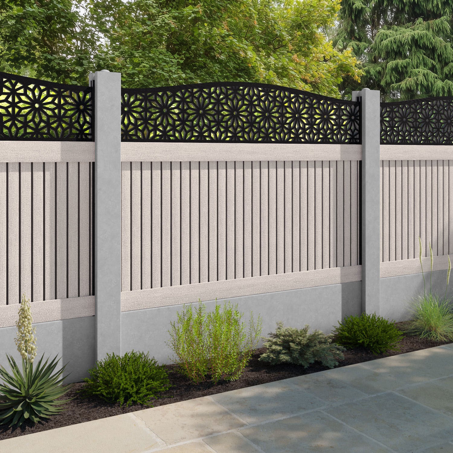 Virtis Narwa Curved Top Fence Panel - Mid Stone - for existing concrete posts
