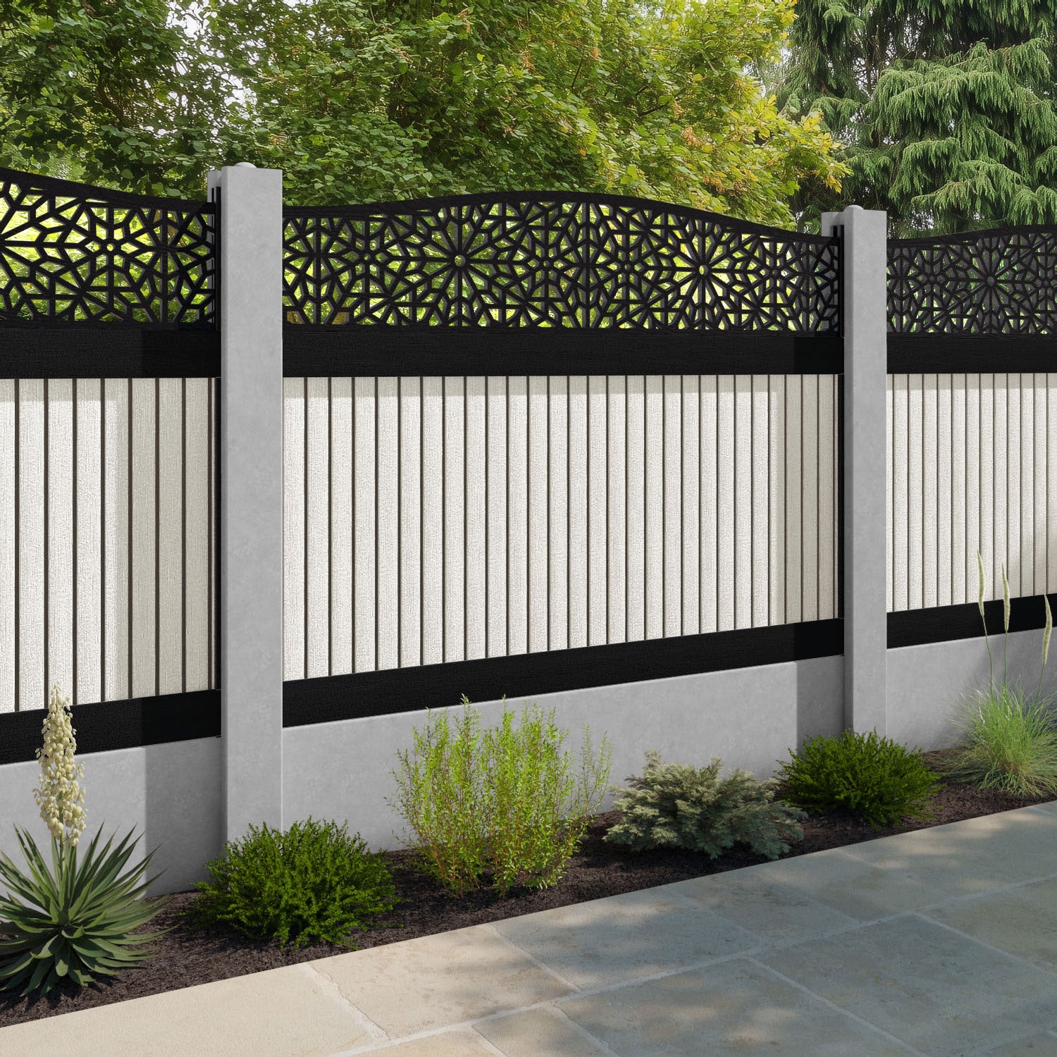 Virtis Alnara Curved Top Fence Panel - Light Stone - for existing concrete posts