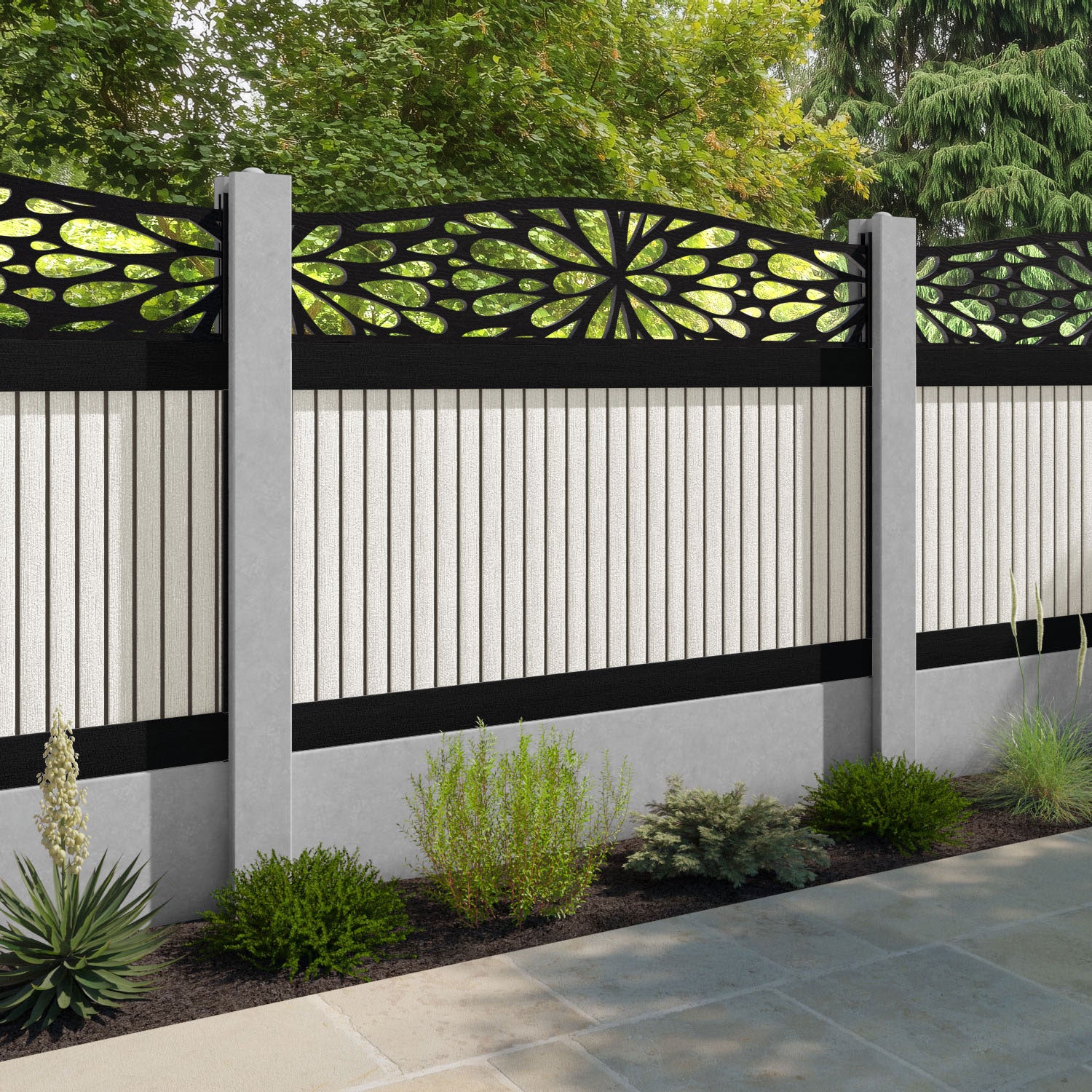 Virtis Blossom Curved Top Fence Panel - Light Stone - for existing concrete posts