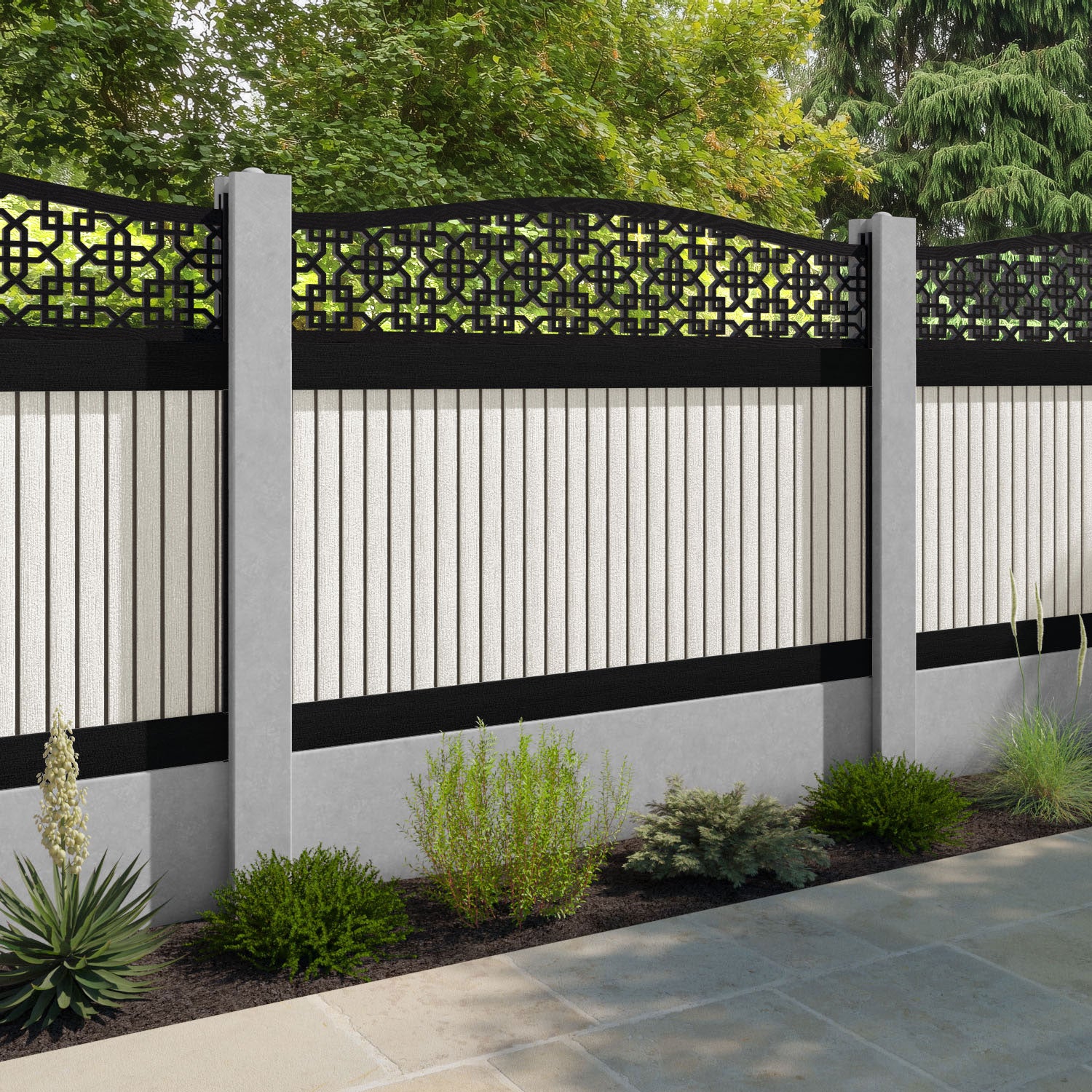 Virtis Zaria Curved Top Fence Panel - Light Stone - for existing concrete posts