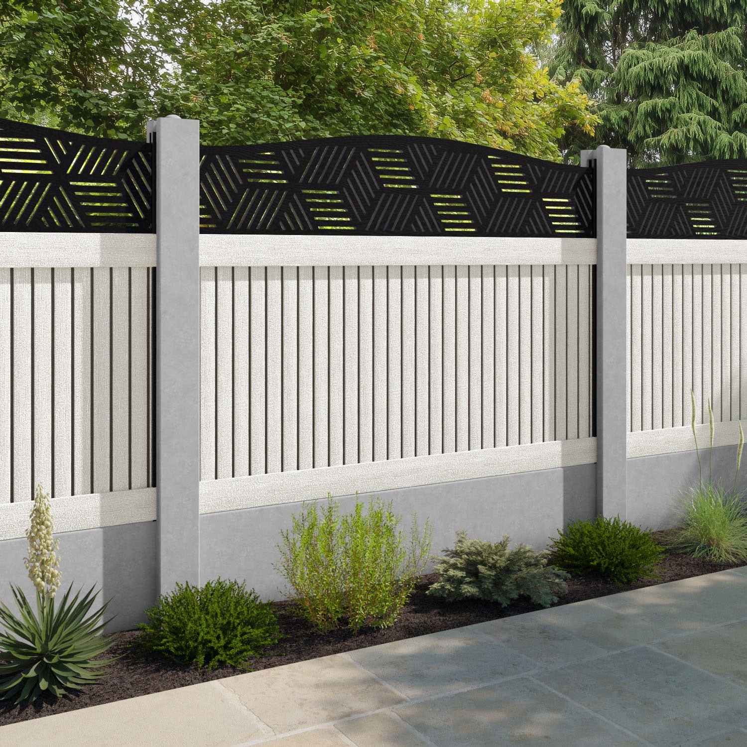 Virtis Cubed Curved Top Fence Panel - Light Stone - for existing concrete posts