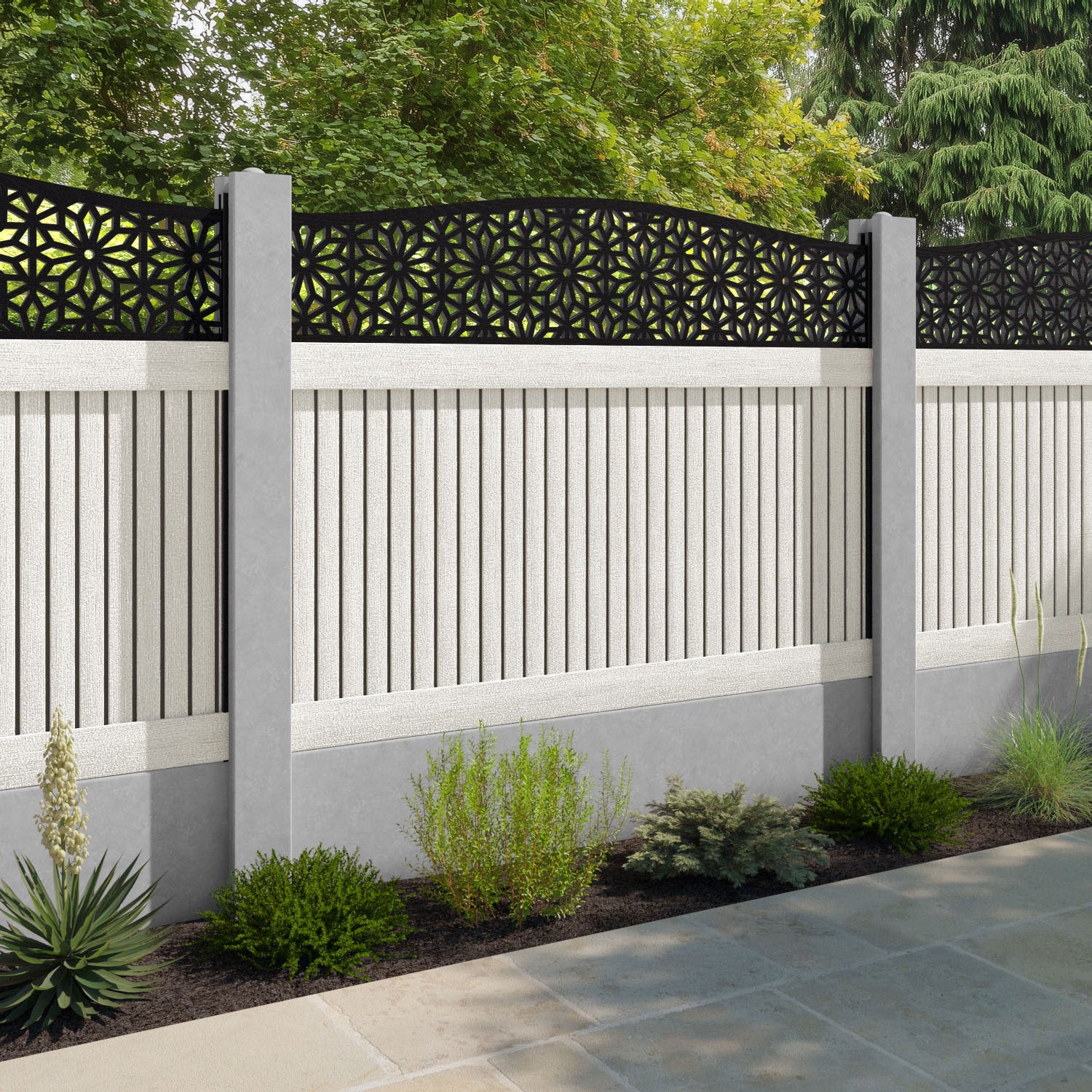 Virtis Narwa Curved Top Fence Panel - Light Stone - for existing concrete posts
