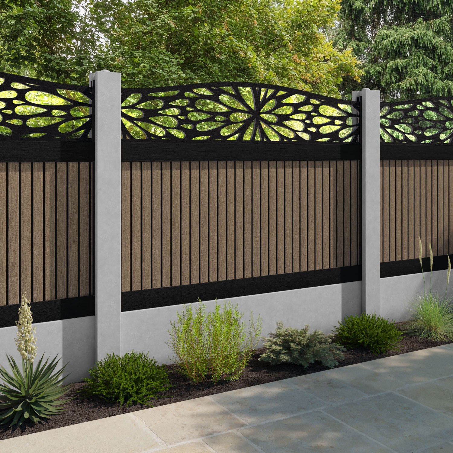 Virtis Blossom Curved Top Fence Panel - Teak - for existing concrete posts