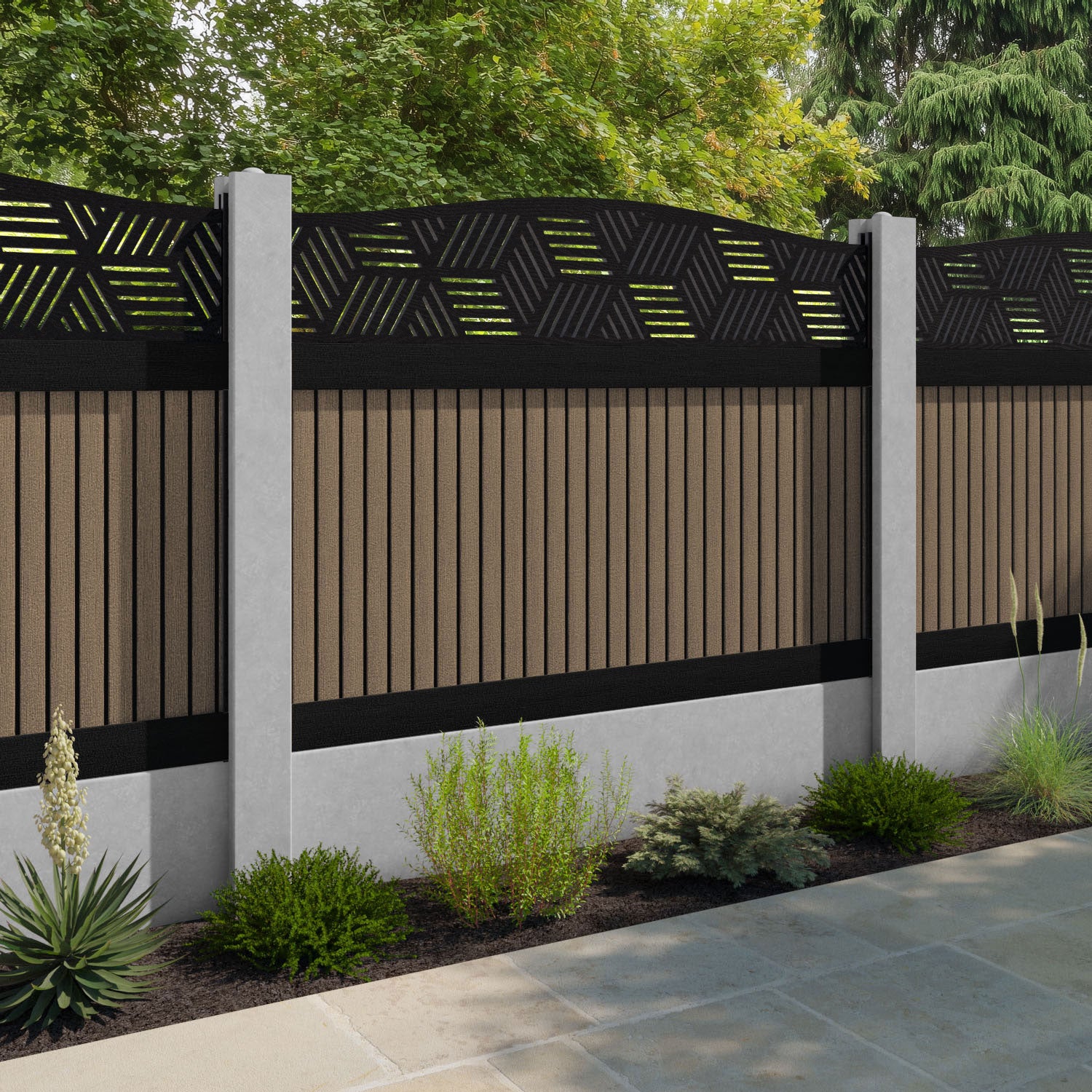 Virtis Cubed Curved Top Fence Panel - Teak - for existing concrete posts