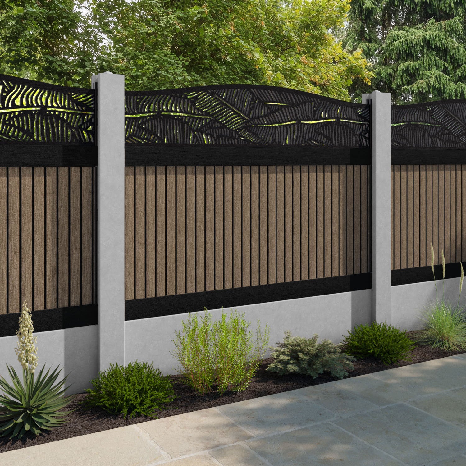 Virtis Feather Curved Top Fence Panel - Teak - for existing concrete posts