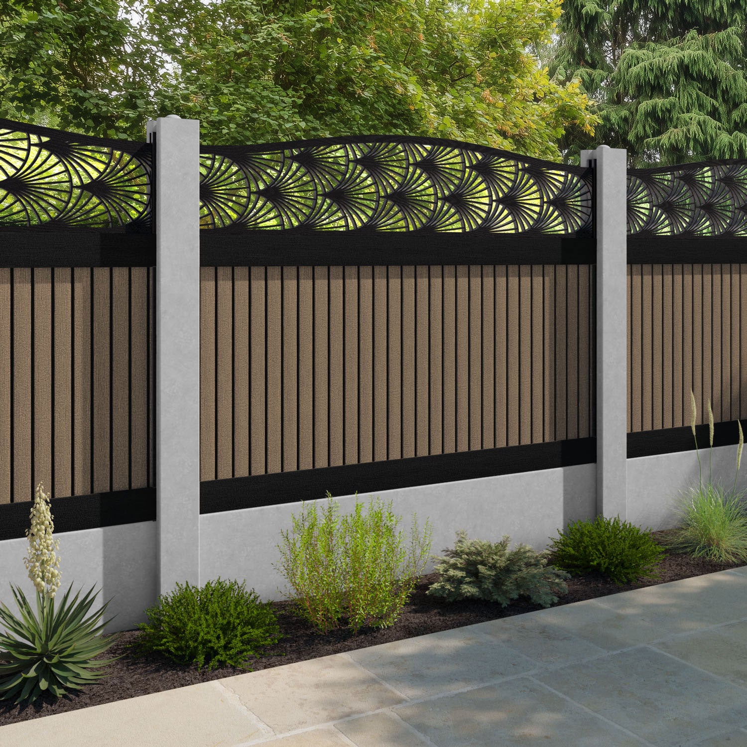 Virtis Laurel Curved Top Fence Panel - Teak - for existing concrete posts