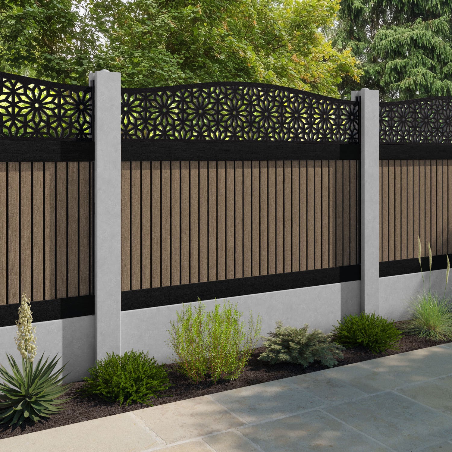 Virtis Narwa Curved Top Fence Panel - Teak - for existing concrete posts