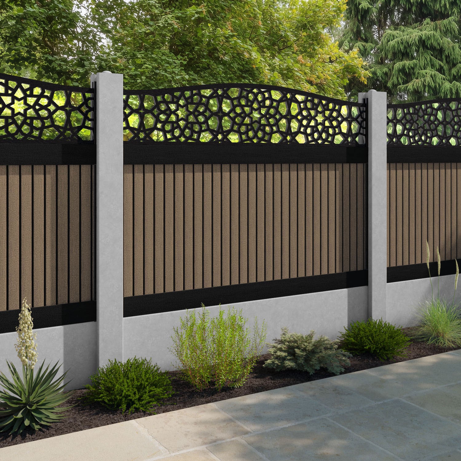 Virtis Nazira Curved Top Fence Panel - Teak - for existing concrete posts