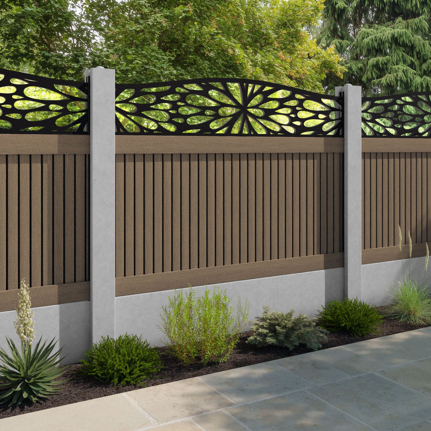 Virtis Blossom Curved Top Fence Panel - Teak - for existing concrete posts
