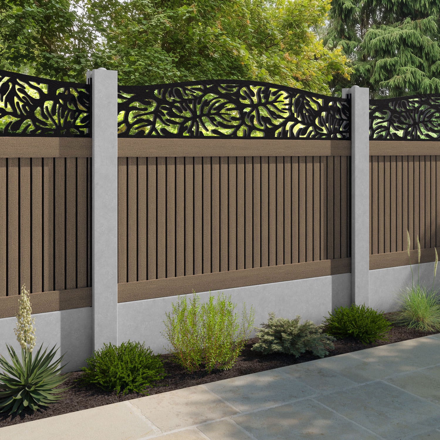 Virtis Botanic Curved Top Fence Panel - Teak - for existing concrete posts