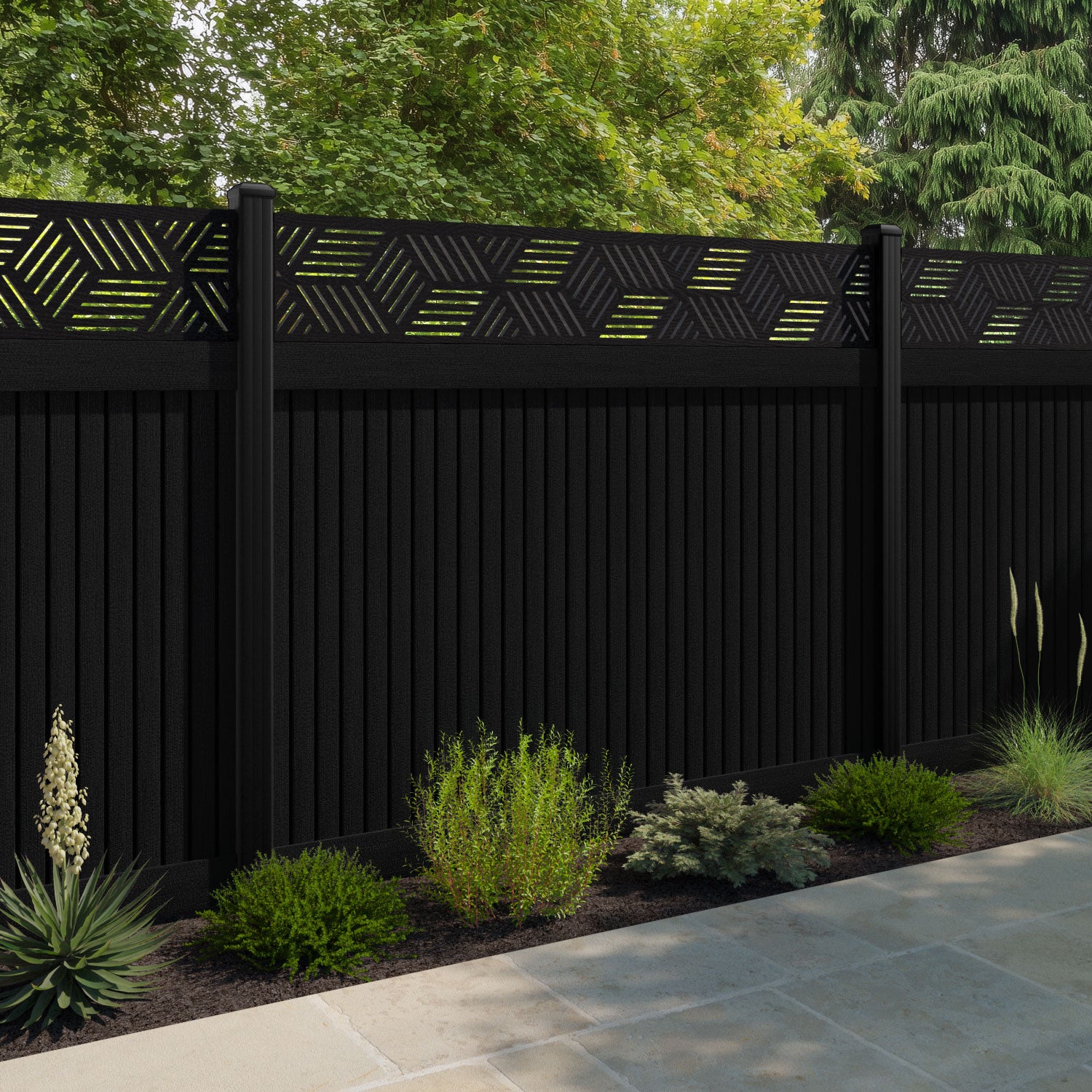 Virtis Cubed Fence Panel - Black - with our aluminium posts