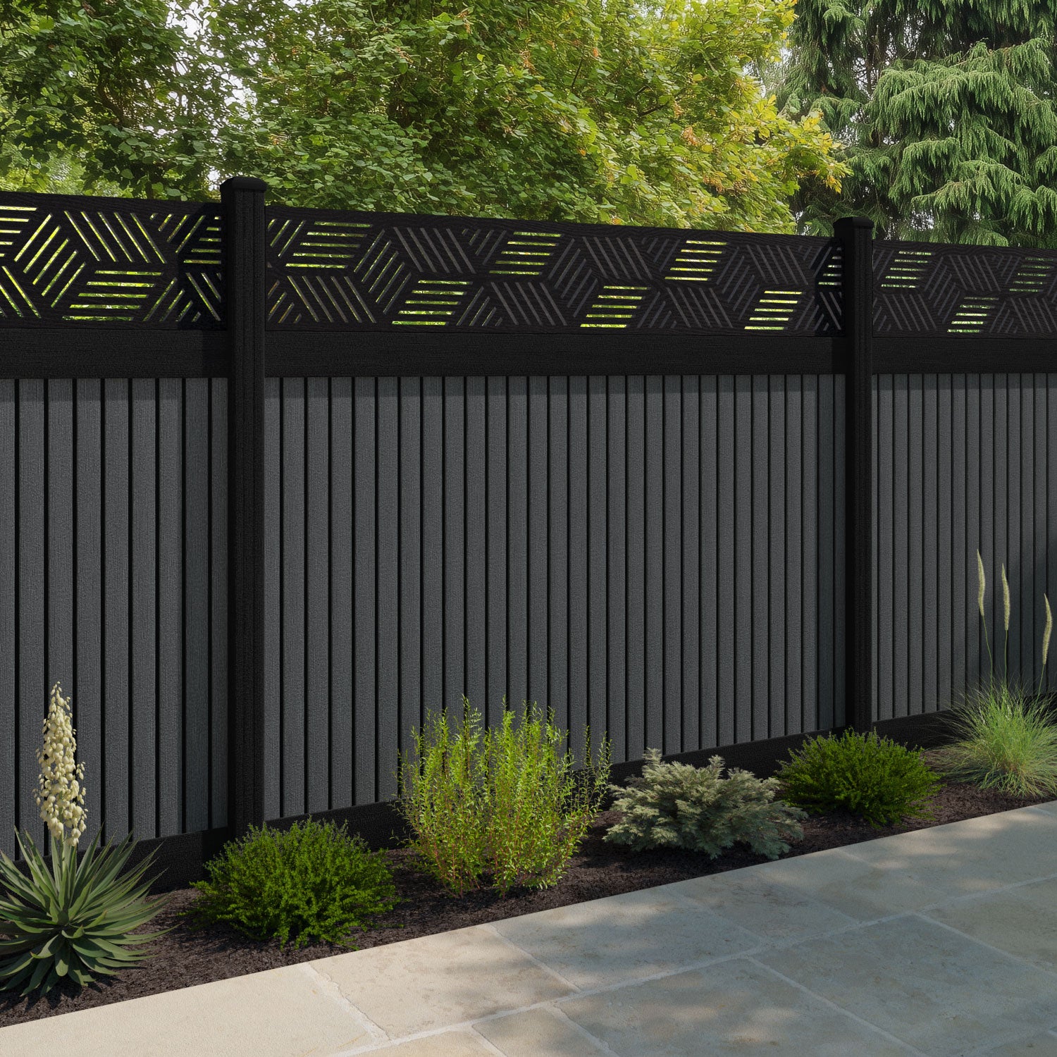 Virtis Cubed Fence Panel - Dark Grey - with our aluminium posts