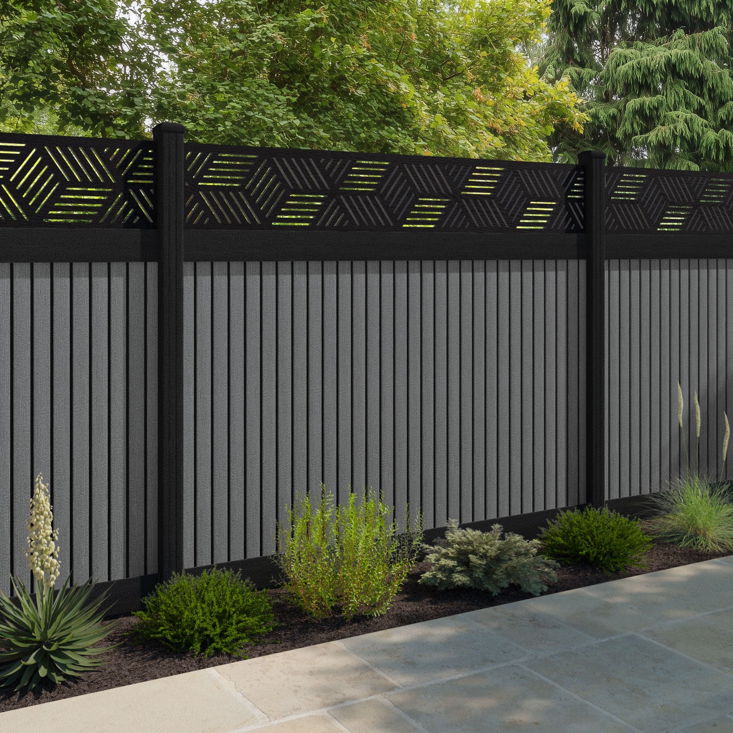 Virtis Cubed Fence Panel - Mid Grey - with our composite posts